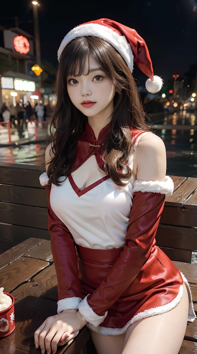 1 japanese girl, Looking at the snowy amusement park, dressed in圣诞老人服装的年轻女子双腿分开站立，bikini bikini bikini, Married woman, 摩洛解放阵线, mature, 巨The large的惊人女神拍摄, Japan goddess, Very and sexy, 强The large而巨The large, jaw-droppingly beautiful, Japan goddess, 非常The large的, The large, ((Santa Claus Miniskirt Costume and Hat)), (dressed in:red mini dress，Decorated with white fur, Thick black band, Red long leather boots), (The large腿可见), (lean forward at you), (Fireworks are set off in the amusement park at night), in the snow, (Background with: City at night decorated with Christmas lights), 动物角色在Background with中跳舞, ((quality, 8K, On the table:1.3)), FULL-BODY ESBIAN, long leges, Beautiful woman with perfect figure:1.4, Slim abs:1.1, ((dark brown  hair、巨The large的山雀:1.2)), Highly Detailed Face and Skin Textur, 詳細な目, 二重まぶた, (Look from the bottom up), from knee to, long slim figure, Smiling, (hair messy, asymmetricalbangs, Light brown hair,)