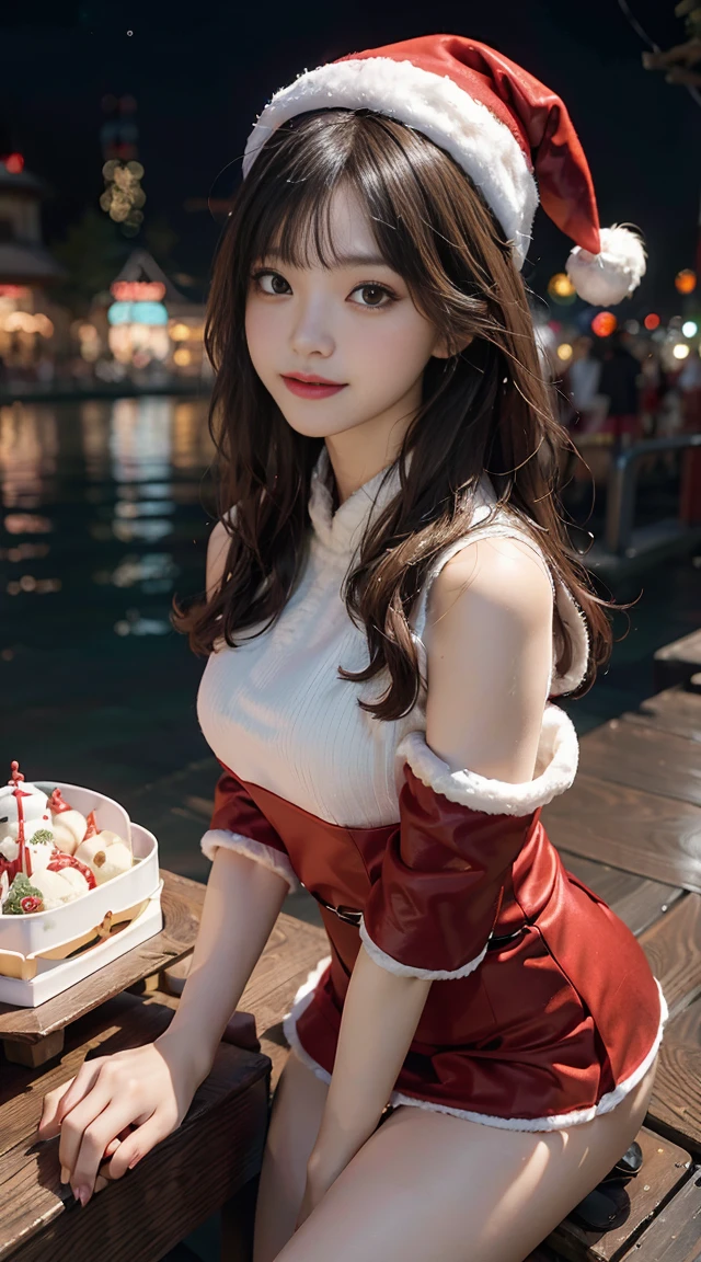 1 japanese girl, Looking at the snowy amusement park, dressed in圣诞老人服装的年轻女子双腿分开站立，bikini bikini bikini, Married woman, 摩洛解放阵线, mature, 巨The large的惊人女神拍摄, Japan goddess, Very and sexy, 强The large而巨The large, jaw-droppingly beautiful, Japan goddess, 非常The large的, The large, ((Santa Claus Miniskirt Costume and Hat)), (dressed in:red mini dress，Decorated with white fur, Thick black band, Red long leather boots), (The large腿可见), (lean forward at you), (Fireworks are set off in the amusement park at night), in the snow, (Background with: City at night decorated with Christmas lights), 动物角色在Background with中跳舞, ((quality, 8K, On the table:1.3)), FULL-BODY ESBIAN, long leges, Beautiful woman with perfect figure:1.4, Slim abs:1.1, ((dark brown  hair、巨The large的山雀:1.2)), Highly Detailed Face and Skin Textur, 詳細な目, 二重まぶた, (Look from the bottom up), from knee to, long slim figure, Smiling, (hair messy, asymmetricalbangs, Light brown hair,)
