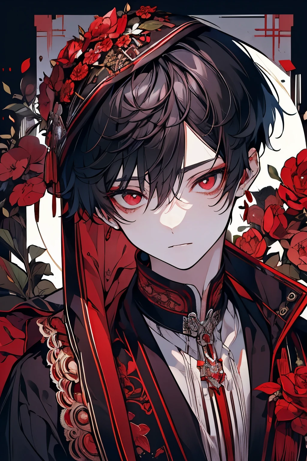 (masutepiece), (Best Quality), Highly detailed, 1 boy, Solo Focus,Perfect face, Beautiful face, extra detailed face,(A dark-haired:1.3),(red eyes:1.3),Fantasia,a gorgeous,Pedras preciosas,bloods