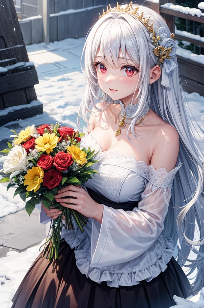 queen、white hair、white dres、gold fancy decoration、red eyes、in snow、ssmile、Yellow bouquet