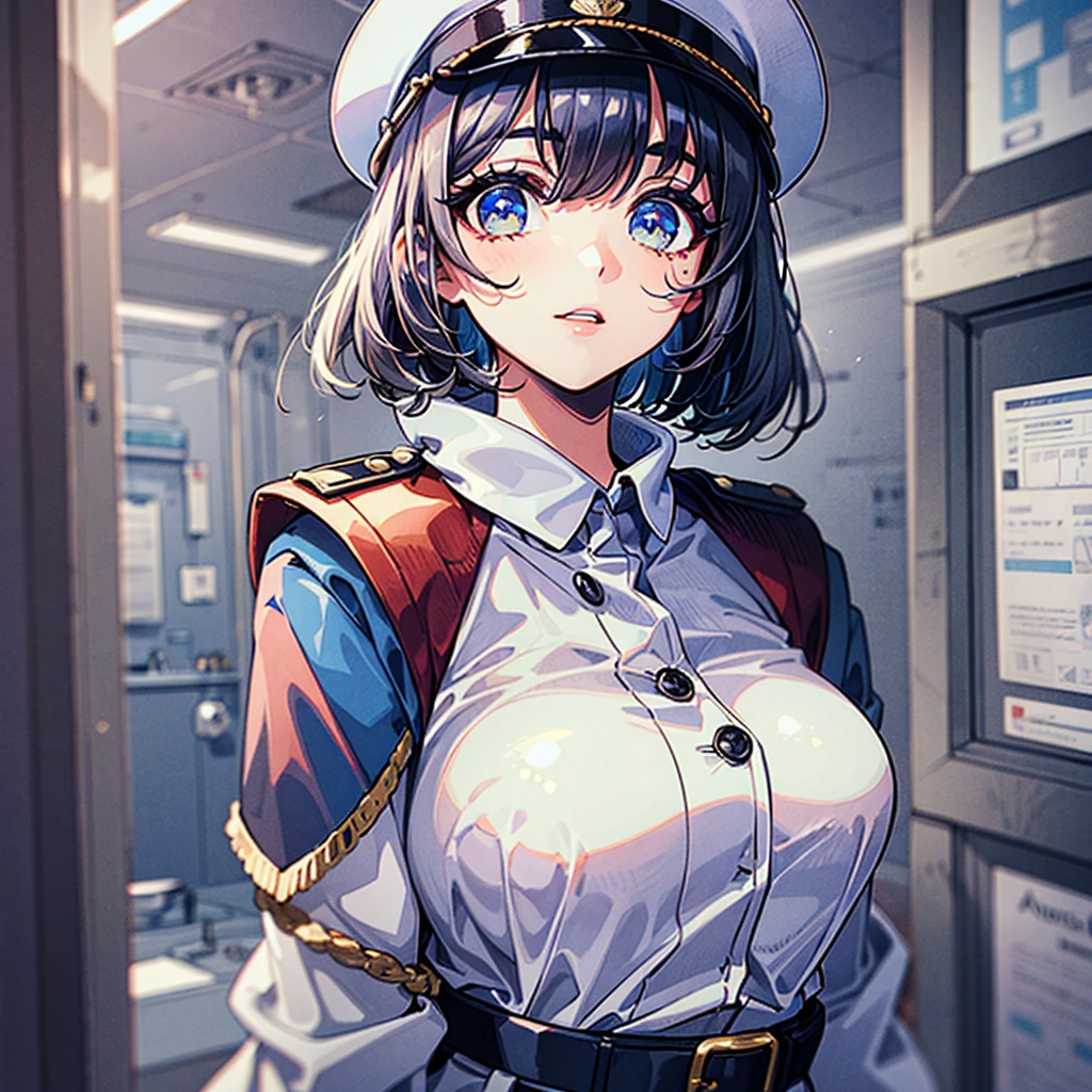 (((masterpiece)))、(((Top image quality)))、(((top-quality)))、((highly detailed unity 8kwall-paper))、(Illustration of one woman)、30-years old、(Viceroy)、Black hair bob cut、((Face covering gas mask))、Gray eyes、((Sanpaku eyes))、((Tall))、((huge tit))、((Military uniforms))、((Military Cap))、((Military coat))、(white clothes)、(White pants)、(White cap)、trench coat、((Inside the spaceship))