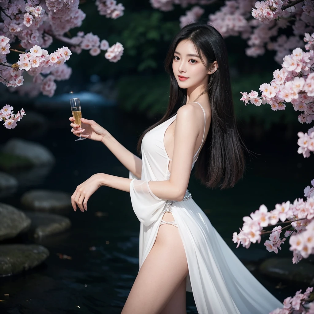 in the darkness of night，The figure of a peerless beauty emerged。Her tall and slender body seemed to be the only shining star in the darkness。Her physique is elegant，Skin is as white and smooth as crystal gems，A soft glow under the faint moonlight。

Her hair was gently blown by the night wind，Silver waterfall like waterfall，hanging from her head to her waist。Every strand of hair looks exceptionally bright，Soft and shiny。Her eyes were clear and bright，Like two shining gems，Revealing a deep and mysterious charm。

Her facial features are delicate and three-dimensional，The brow is curved picturesquely，It looks like it was carved with care by an artist。Her eyes are curved just right，Like two crescent moons，With a touch of psychedelic look。Her nose is tall and well-proportioned，Perfectly proportioned to her face。Her lips are red as cherry blossoms，Slightly open, revealing a mysterious smile。

She was wearing a black long dress，Lightly fitting her perfect curves。The dress is studded with sparkling diamonds，Each one is like a bright star，Light up the silence of the night。Her slender legs are straight and strong，Like a nimble dancer dancing in the dark。

Standing in the dark，She was so charming，Such a mystery。Her beauty seems to be a gift given by the night，like a flowing star，Illuminates everything around it。People can't help but fall for her，intoxicated by her，As if the world only belongs to her。She is the pearl in the night，A beautiful scene that is unforgettable。
