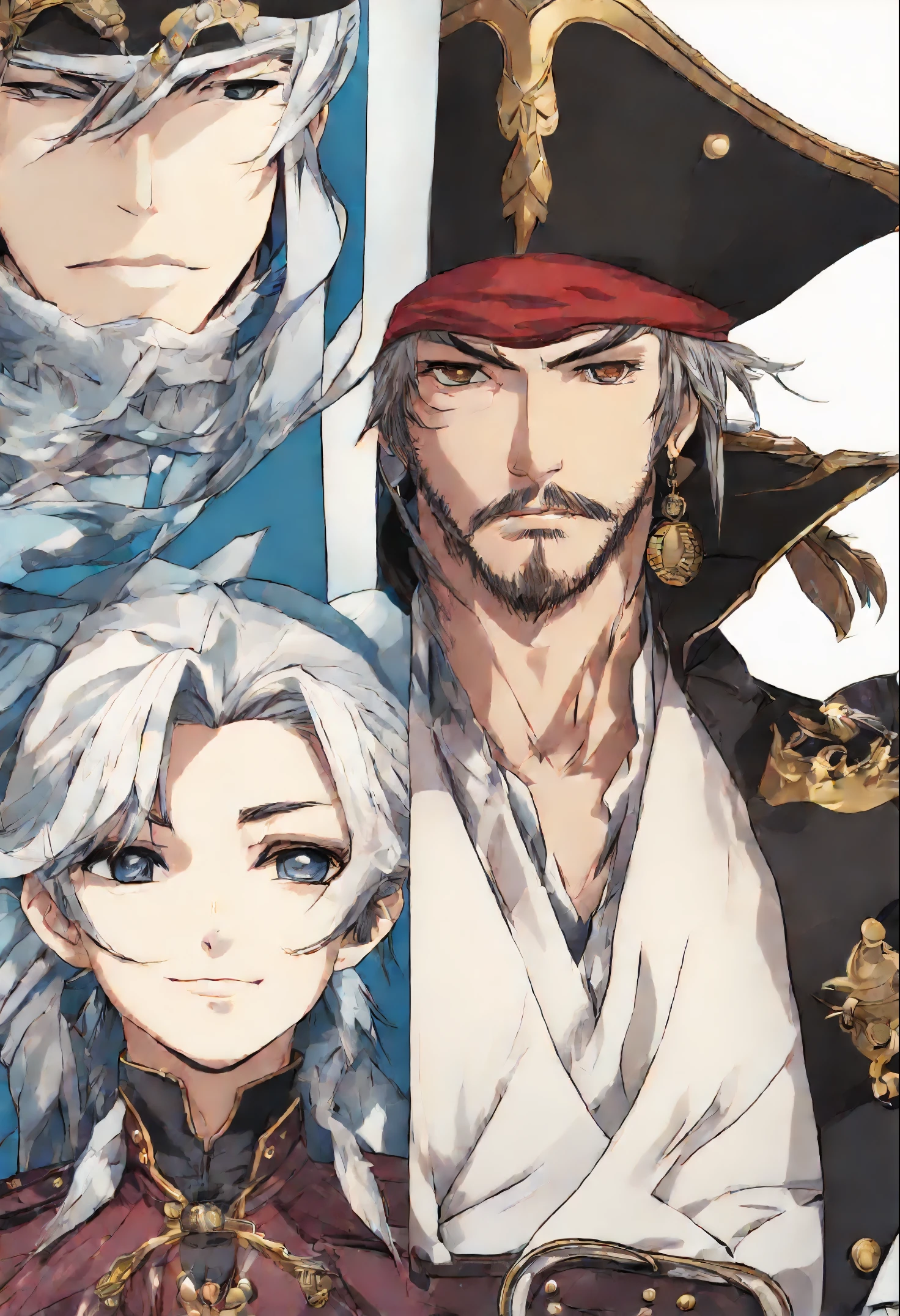 anatomically correctly drawn body, Anime character, style anime "frozen", Anime characterrozen ", Anime Character Face Type " frozen", style anime, Close-up of a person (a pirate) , King of a pirates, Masamune shiro, a pirate captain, key anime art, shigenori soejima illustration, based on Freezing, fantasy seinen manga, Freezing: First Chronicle (Freezing ファーストクロニクル), Freezing Pair Love Stories, Kwang-Hyun Kim, Okumura Masanobu, detailed key anime art, Masamune, shirow Masamune, a Swashbuckler-class pirate, a pirate, Portrait of a pirate