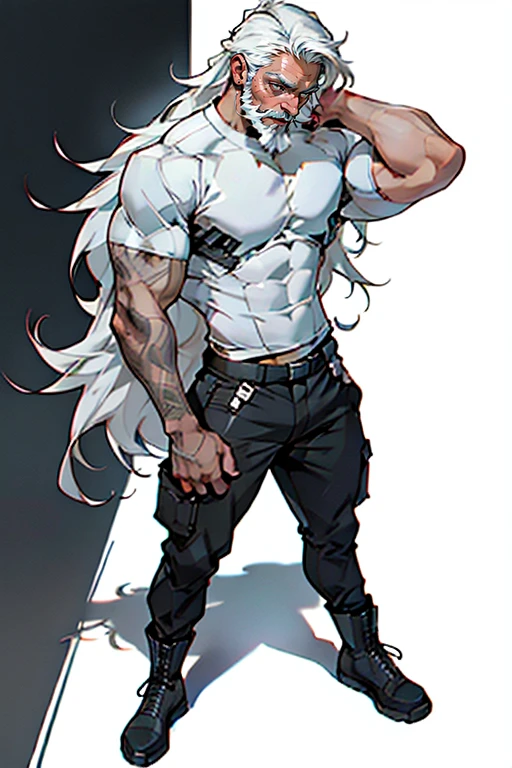 dark skin man, male, black eyes, white hair, long hair, anime style, 4k image, full body, holographic background, Character sheet, Handsome male. Perfect face, 6 ft 5 tall middle aged man. White hair. Long hair. Grey eyes. Beard. Earrings. Toned body. Muscular male, character design sheet，full body, Full of details, body front view, body back view,  Full body, muscle body, T-shirt, combat boots, combat cargo pants, ((Masterpiece, Highest quality)), Detailed face, character design sheet full body, Full of details, frontal body view, back body view, Highly detailed, Depth