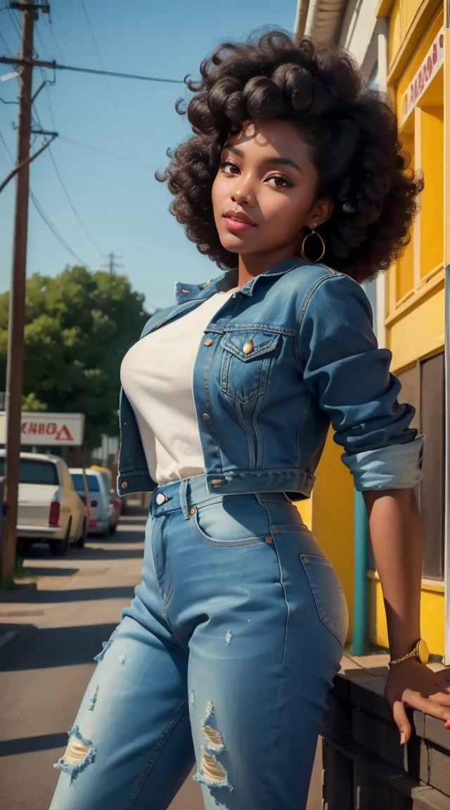 20 years old girl , dark skin, afro hair, vintage, retro pin up style,sexy, denim jacket and pants, colorful, masterpieces art work, illustrated,