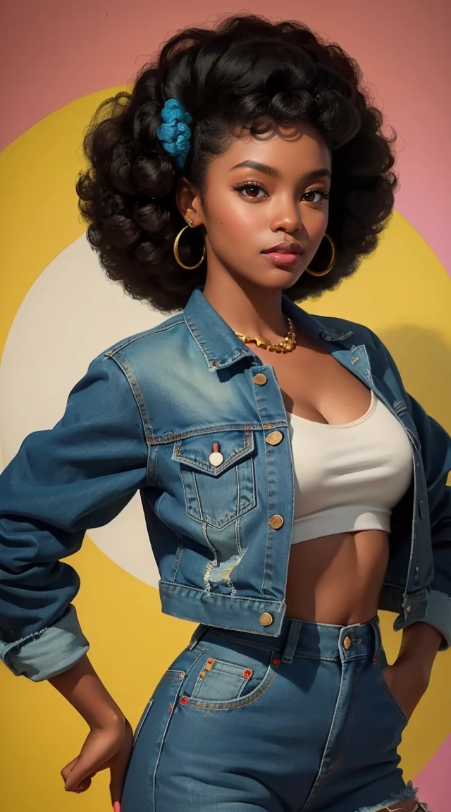 20 years old girl , dark skin, afro hair, vintage, retro pin up style,sexy, denim jacket and pants, colorful, masterpieces art work, illustrated,