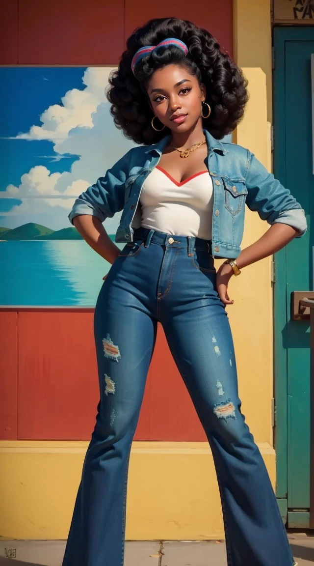 20 years old girl , dark skin, afro hair, vintage, retro pin up style,sexy, denim jacket and pants, colorful, masterpieces art work, illustrated,
