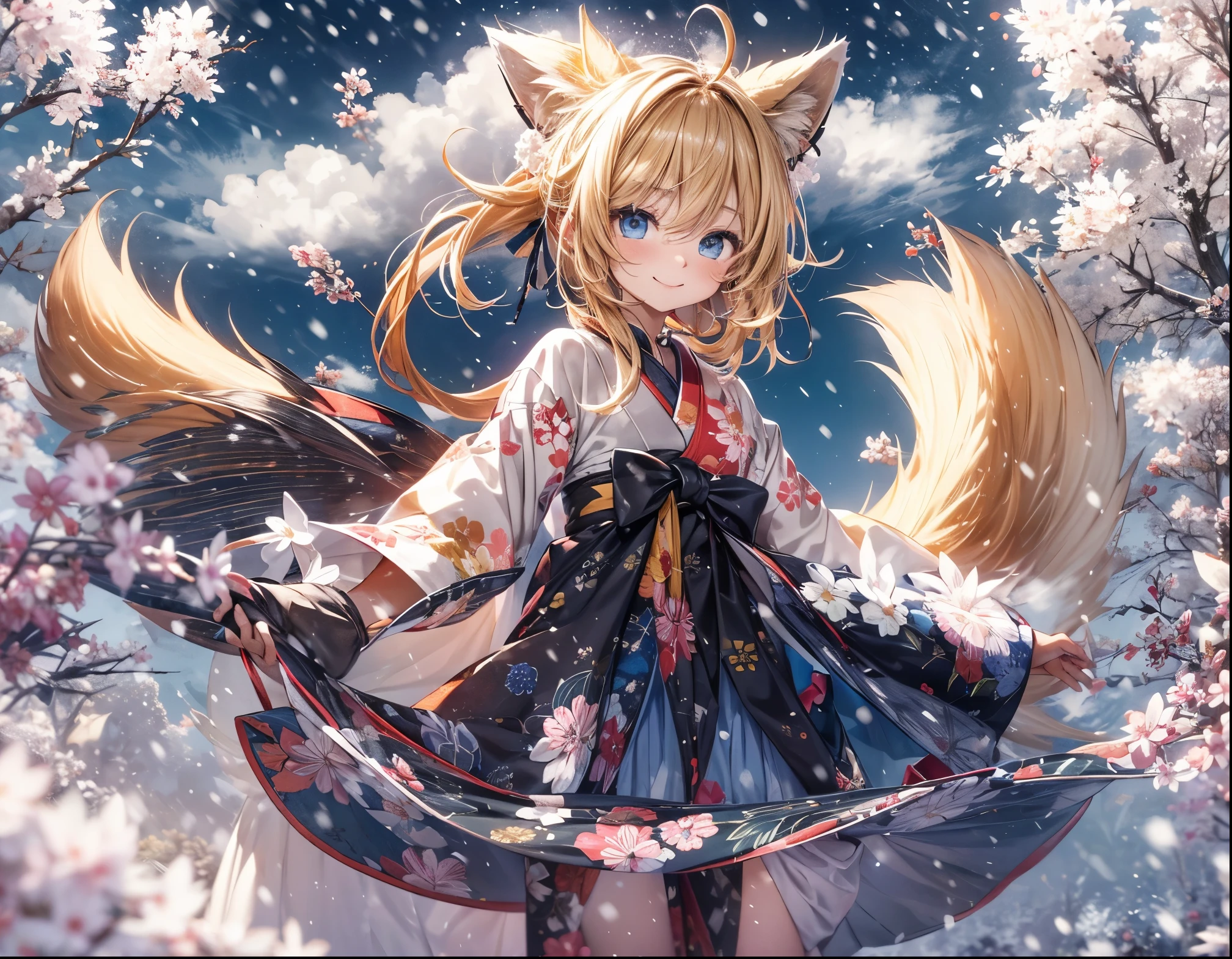 Melody Mark,of the highest quality, Best Masterpiece, ultra-detailliert,fox village, (1 fox girl),(It's snowing:1.3), (look up sky:1.3), (fox is playing:1.2), (Happy face: 1.3), red blush, (blonde short low tail: 1.4), Shiny hair,  (Deep Blue Eyes:1.4), Small earrings, Small necklace,(Jet black and floral patterned Japanese clothes:1.4),Sunlight,light reflections ,Kemomimi