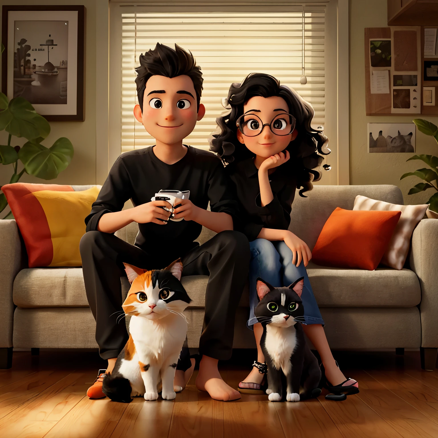 In a Disney Pixar-style poster, a young, loving couple and two cats share warmth in their small apartment. The slim man, clad in a black shirt, showcases short, neatly trimmed black hair without a quiff and a groomed beard. The woman, wearing glasses, boasts long, black, and beautifully curly hair. Seated on the sofa, the cats, one black and white, and the other blending shades of orange, white, green, and black, complete the charming scene. An image that captures the simplicity and magic of everyday love.