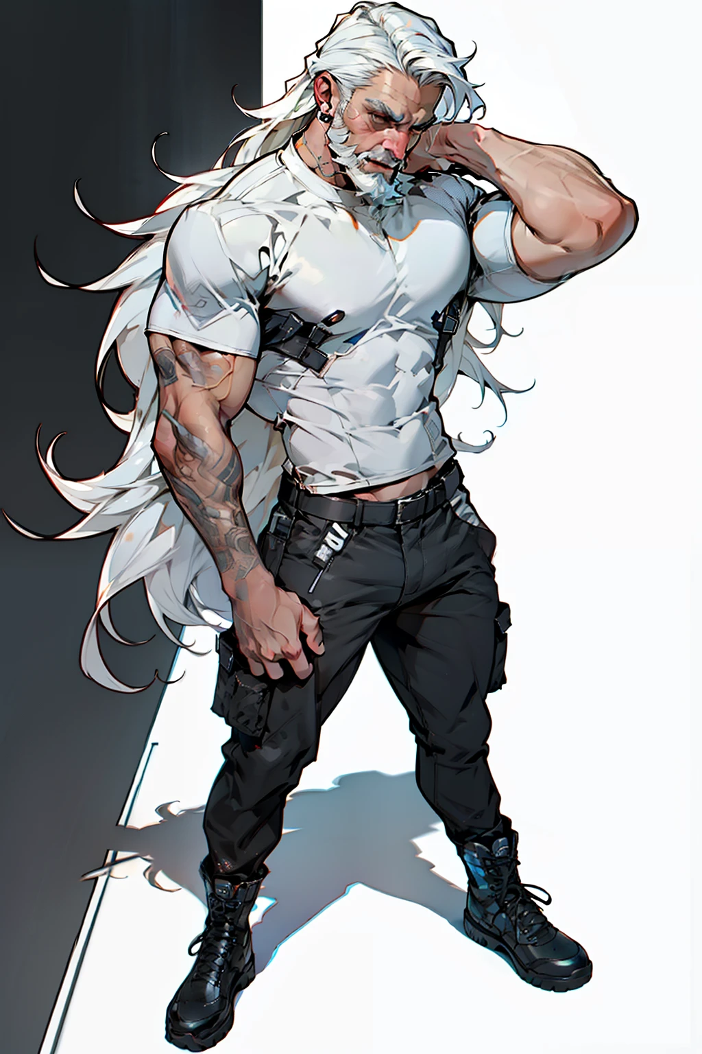 dark skin man, male, black eyes, white hair, long hair, anime style, 4k image, full body, holographic background, Character sheet, Handsome male. Perfect face, 6 ft 5 tall middle aged man. White hair. Long hair. Grey eyes. Beard. Earrings. Toned body. Muscular male, character design sheet，full body, Full of details, body front view, body back view,  Full body, muscle body, T-shirt, combat boots, combat cargo pants, ((Masterpiece, Highest quality)), Detailed face, character design sheet full body, Full of details, frontal body view, back body view, Highly detailed, Depth