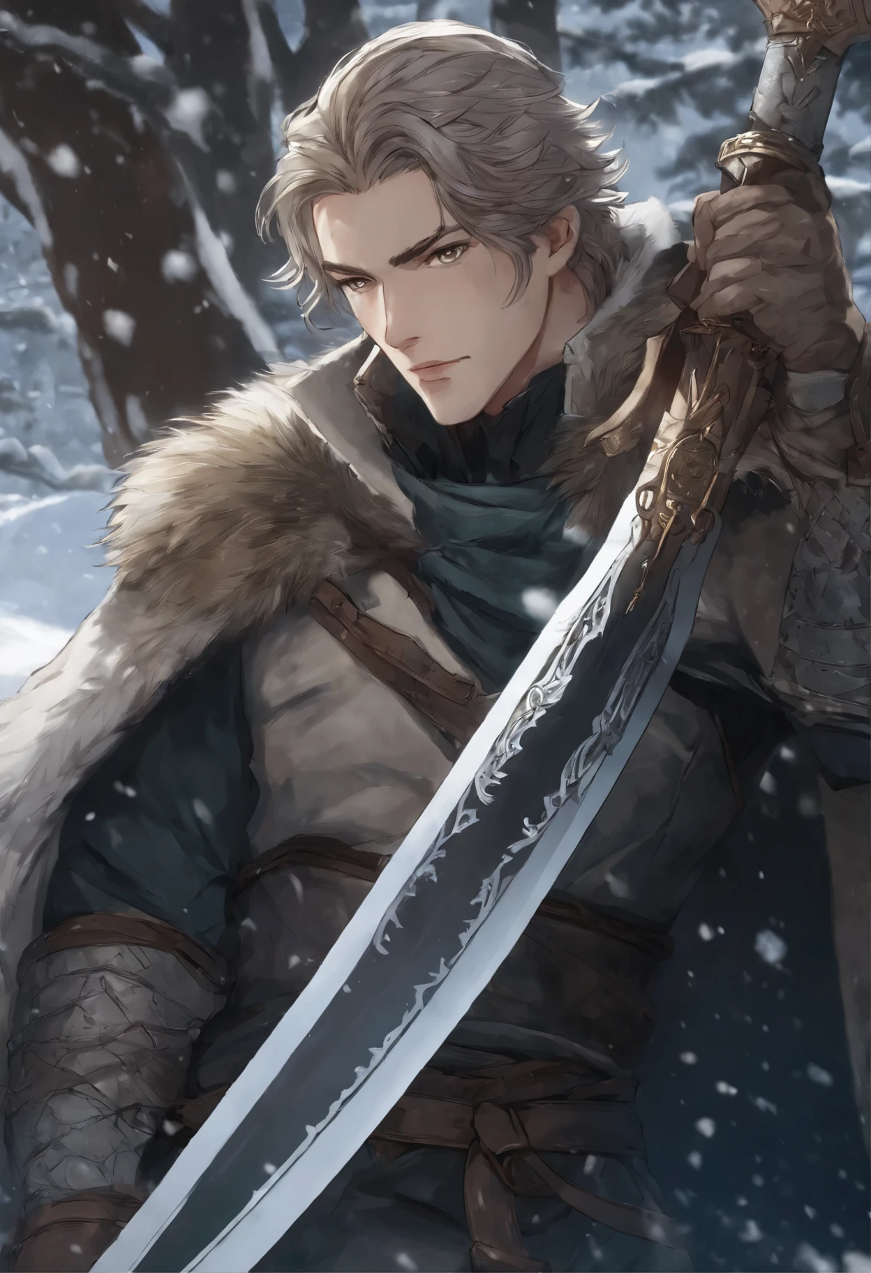 Close-up of a person, holding a sword in a snowy area, casimir art, shigenori soejima illustration, boris valejo. octopath traveler, detailed anime character art, detailed key anime art, Granblue Fantasy, handsome guy in demon slayer art, Taisho Roman, crisp clear rpg portrait, Masamune Shiro, key anime art
