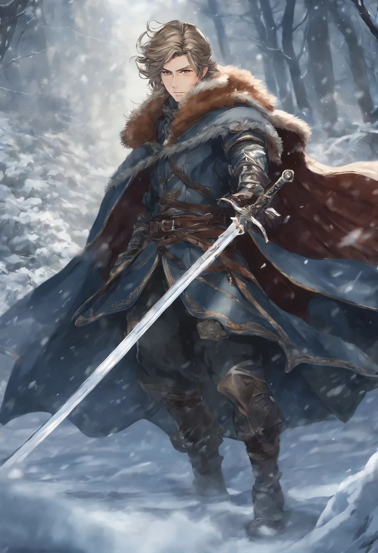 Close-up of a person, holding a sword in a snowy area, casimir art, shigenori soejima illustration, boris valejo. octopath traveler, detailed anime character art, detailed key anime art, Granblue Fantasy, handsome guy in demon slayer art, Taisho Roman, crisp clear rpg portrait, Masamune Shiro, key anime art