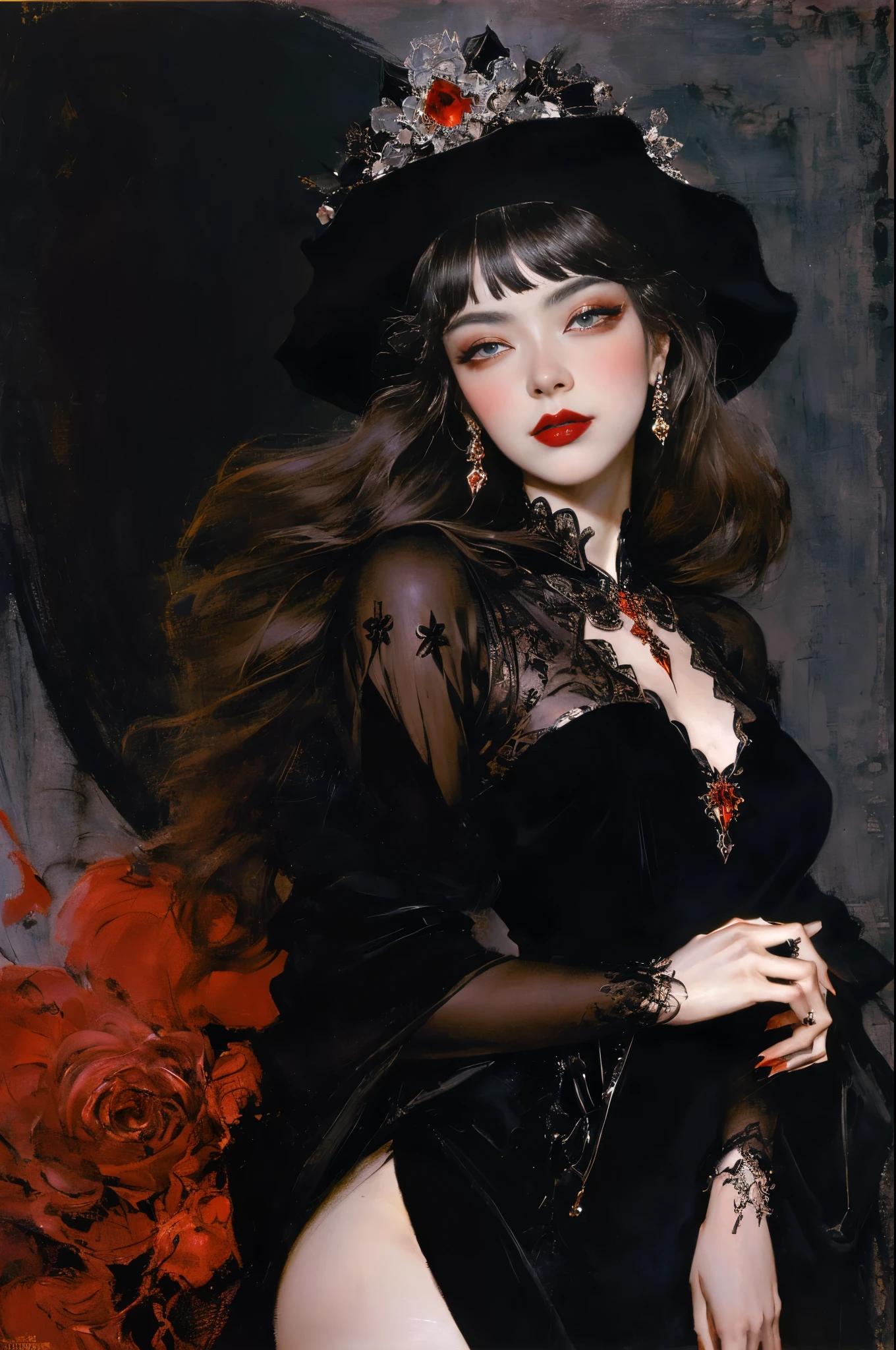 Mono Color,weight,NSFW,upper part of body,A nude devil woman with a black and white body stocking dress holding a red lip stick,Satan,succubi,eBlue eyes,Clothes detailed patterns,lacivious pose,spread legitimacy,Detailed Gothic background,dark fantasy background,Inspired by Robert McGinnis, Inspired by Gretel Stern, Takato Yamamoto’s style, Guido Crepax, Guido Crepax-style, Amano, Vanya Zoravlev, inspired by Leonor Fini, long furry tail, Inspired by Takato Yamamoto.受到克里姆特和穆夏的inspired. beautidful eyes, beautiful detailed lips, Extremely detailed eyes and face, Long eyelash quality:1.2), ultra - detailed, (actual:1.37), oil painted, Color contrast, A high resolution, Black and white dress, red lip stick, Inspired by Robert McGinnis, Inspired by Gretel Stern, Yamamoto Takashi style, Guido Crepax style, Amano-inspired, Vanya Zoravlev-inspired, Leonor Fini'inspired, long furry tail-inspired, Inspired by Takato Yamamoto, vivd colour, dramatic lights, eye-catching composition, fun atmosphere, Feminine elegance.Faki,oil painted,Impresionismo