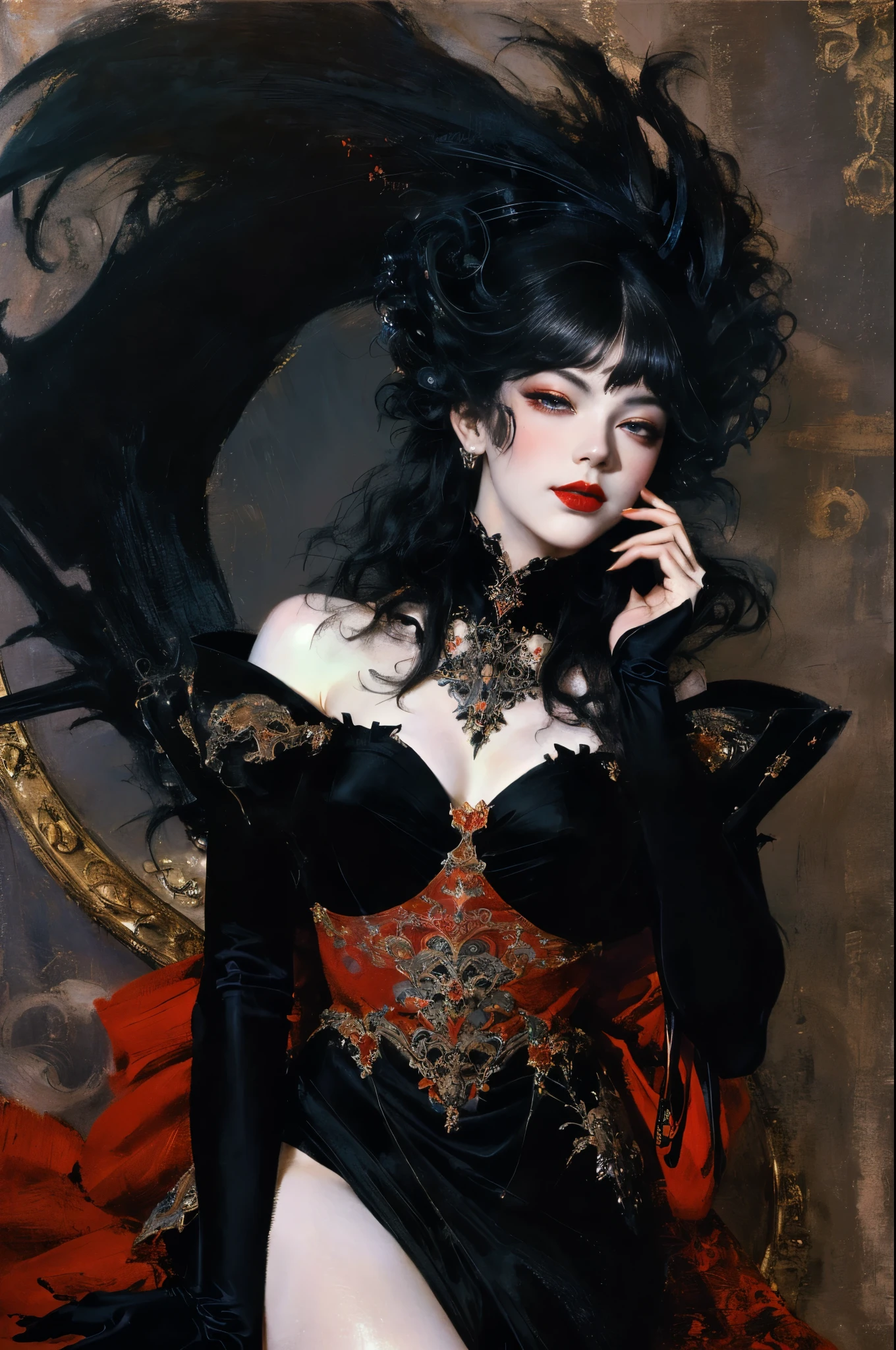 Mono Color,weight,NSFW,upper part of body,A nude devil woman with a black and white body stocking dress holding a red lip stick,Satan,succubi,eBlue eyes,Clothes detailed patterns,lacivious pose,spread legitimacy,Detailed Gothic background,dark fantasy background,Inspired by Robert McGinnis, Inspired by Gretel Stern, Takato Yamamoto’s style, Guido Crepax, Guido Crepax-style, Amano, Vanya Zoravlev, inspired by Leonor Fini, long furry tail, Inspired by Takato Yamamoto.受到克里姆特和穆夏的inspired. beautidful eyes, beautiful detailed lips, Extremely detailed eyes and face, Long eyelash quality:1.2), ultra - detailed, (actual:1.37), oil painted, Color contrast, A high resolution, Black and white dress, red lip stick, Inspired by Robert McGinnis, Inspired by Gretel Stern, Yamamoto Takashi style, Guido Crepax style, Amano-inspired, Vanya Zoravlev-inspired, Leonor Fini'inspired, long furry tail-inspired, Inspired by Takato Yamamoto, vivd colour, dramatic lights, eye-catching composition, fun atmosphere, Feminine elegance.Faki,oil painted,Impresionismo