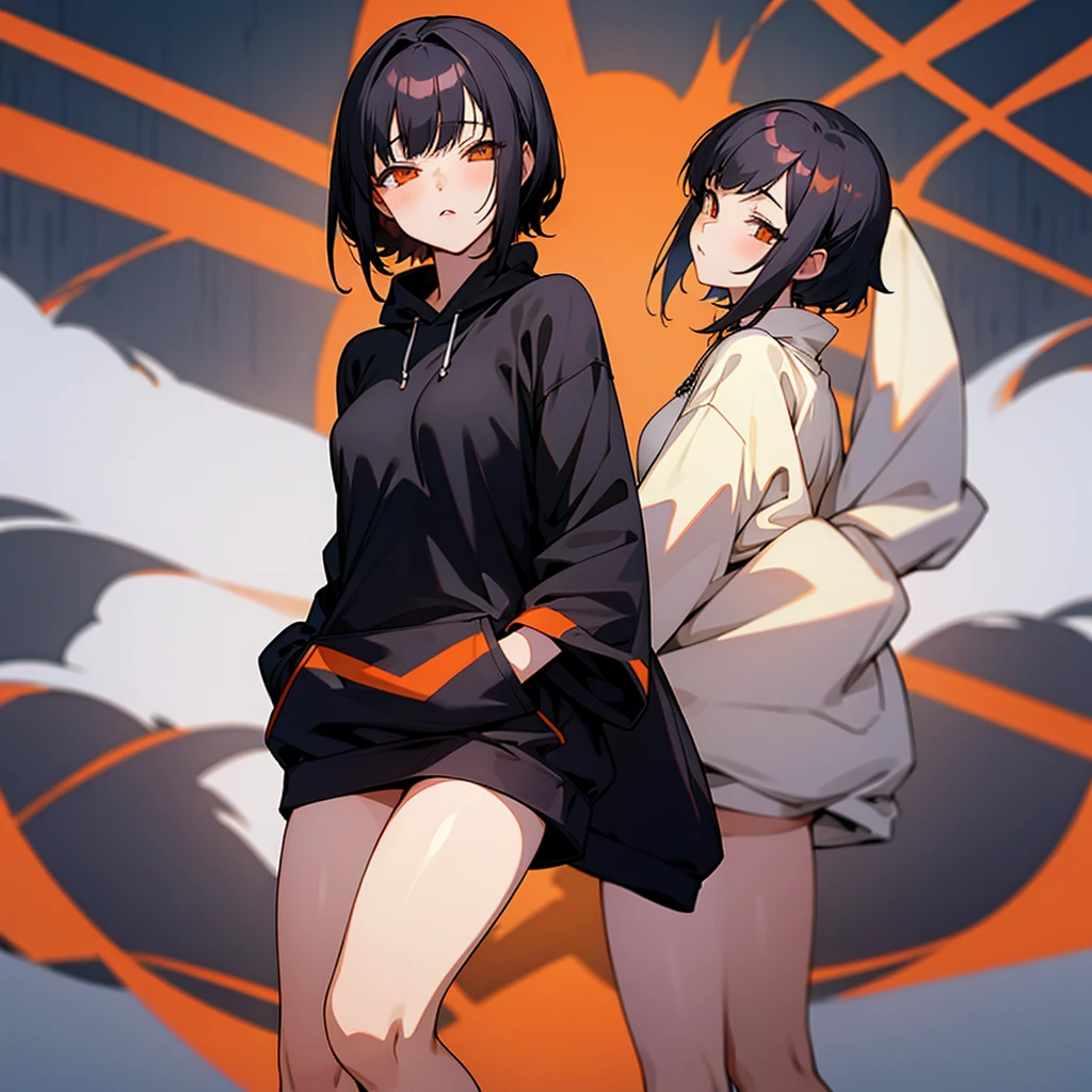 Anime style,Little woman,mesugaki,Wearing a black hoodie,Black shorthair,Orange eyes,small tits,Looking here,Bare legged、two womens,lilie
