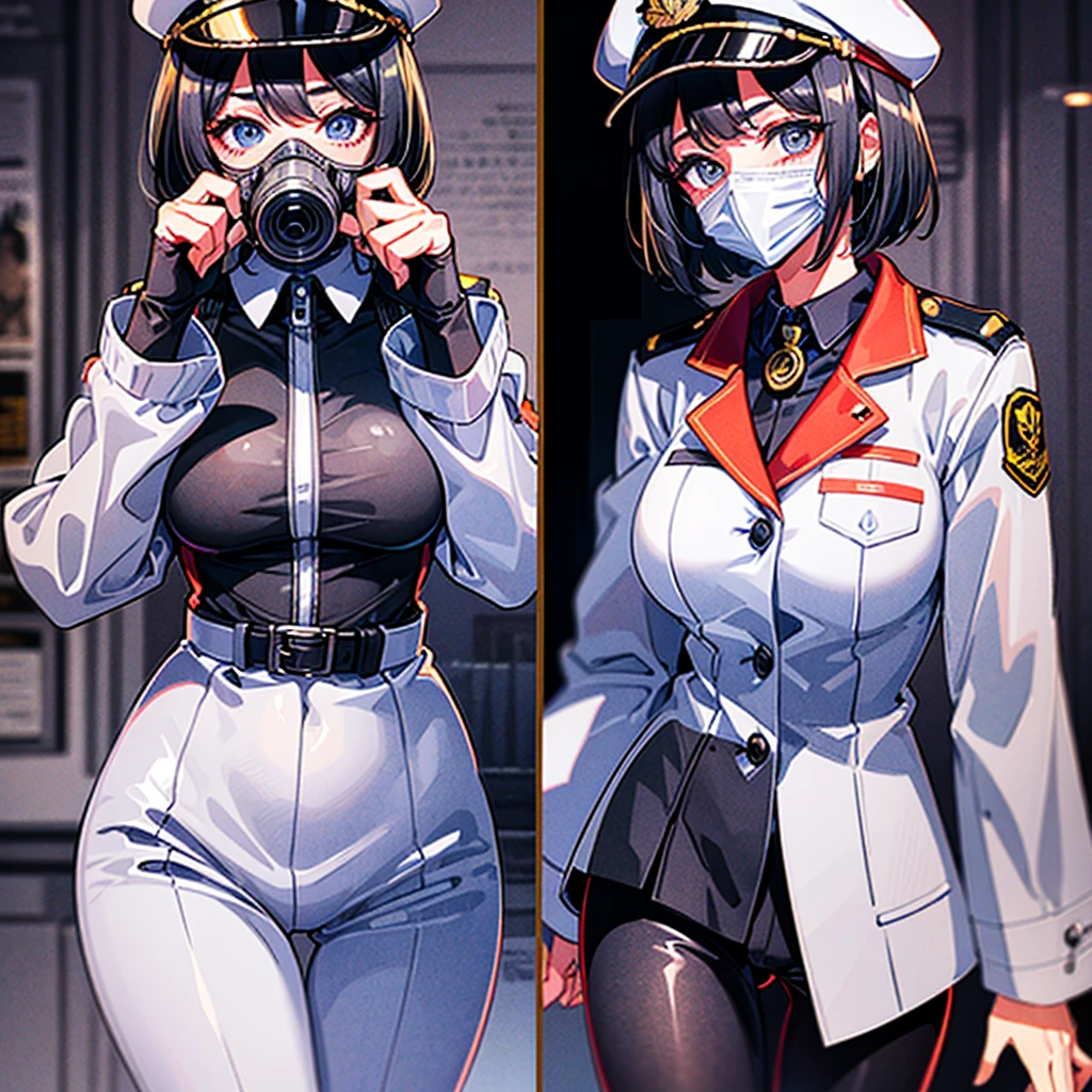 (((masterpiece)))、(((Top image quality)))、(((top-quality)))、((highly detailed unity 8kwall-paper))、(Illustration of one woman)、30-years old、(Viceroy)、Black hair bob cut、(((Gas mask covering the mouth)))、Gray eyes、(((Sanpaku eyes)))、((Tall))、((huge tit))、((Military uniforms))、((Military Cap))、((Military coat))、(white clothes)、(White pants)、(White cap)、trench coat、((Inside the spaceship))