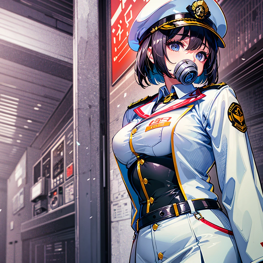 (((masterpiece)))、(((Top image quality)))、(((top-quality)))、((highly detailed unity 8kwall-paper))、(Illustration of one woman)、30-years old、(Viceroy)、Black hair bob cut、(((Face covering gas mask)))、Gray eyes、(((Sanpaku eyes)))、((Tall))、((huge tit))、((Military uniforms))、((Military Cap))、((Military coat))、(white clothes)、(White pants)、(White cap)、trench coat、((Inside the spaceship))
