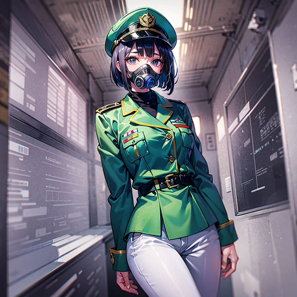 (((masterpiece)))、(((Top image quality)))、(((top-quality)))、((highly detailed unity 8kwall-paper))、(Illustration of one woman)、30-years old、(Viceroy)、Black hair bob cut、(((Face covering gas mask)))、Gray eyes、(((Sanpaku eyes)))、((Tall))、((huge tit))、((Military uniforms))、((Military Cap))、((Military coat))、(white clothes)、(White pants)、(White cap)、trench coat、((Inside the spaceship))