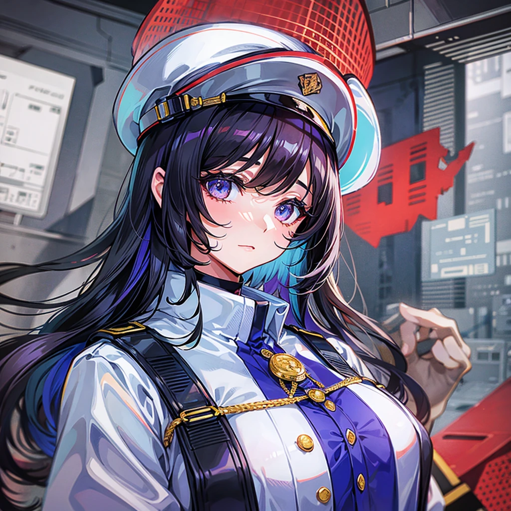 （（（​masterpiece）））、（（（Top image quality）））、（（（top-quality）））、（（highly detailed unity 8ｋwall-paper））、（Illustration of one woman）、30-years old、（Viceroy）、Black hair bob cut、（（（Face covering gas mask）））、Gray eyes、（（（Sanpaku eyes）））、（（Tall））、（（huge tit））、（（Military uniforms））、（（Military Cap））、（（Military coat））、（white  clothes）、（White pants）、（White cap）、trench coat、（（Inside the spaceship））