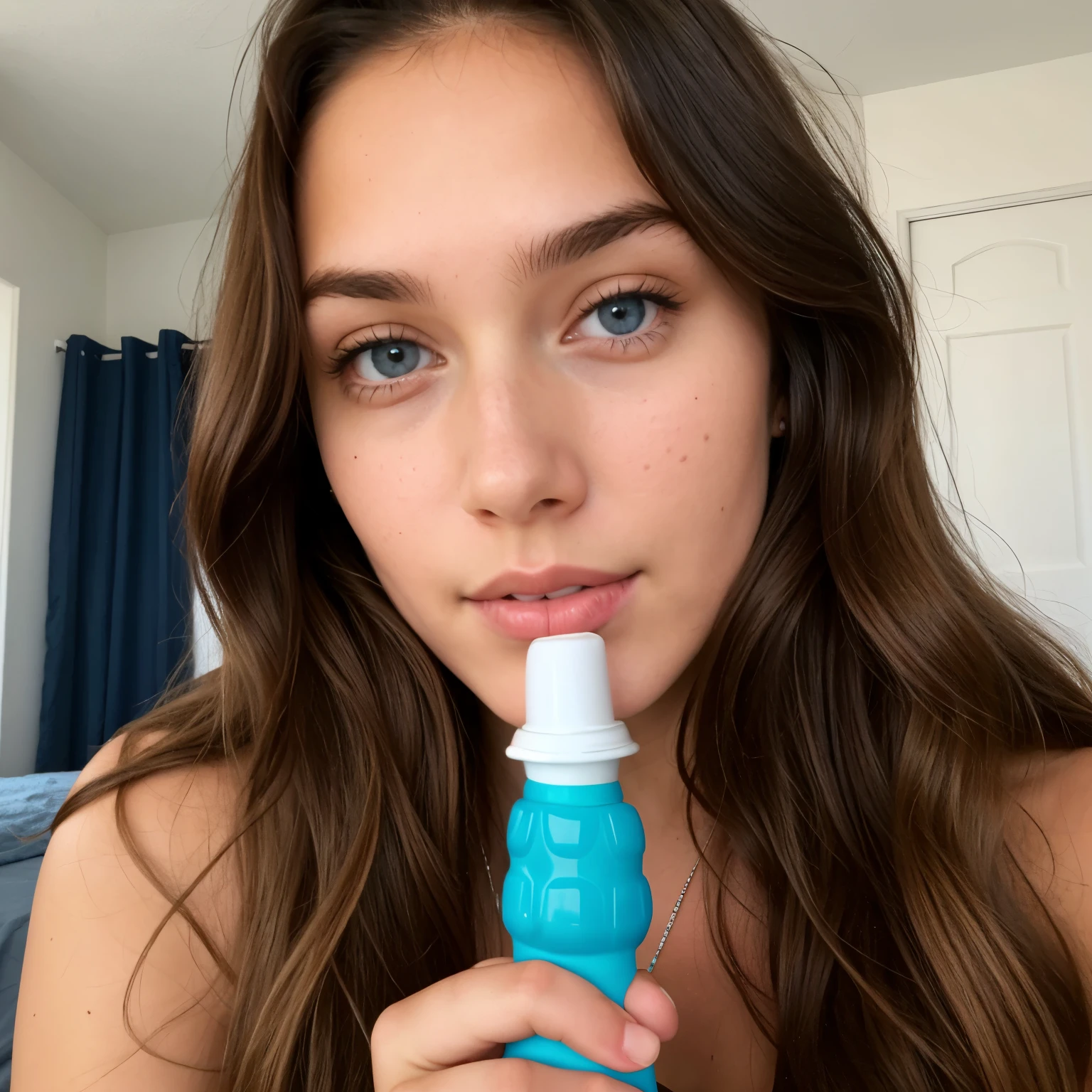 Astrid Olsen a gorgeous brunette wavy haired girl with slightly tanned skin and blue ice eyes, she masturbates with a dildo in her room, take a selfie