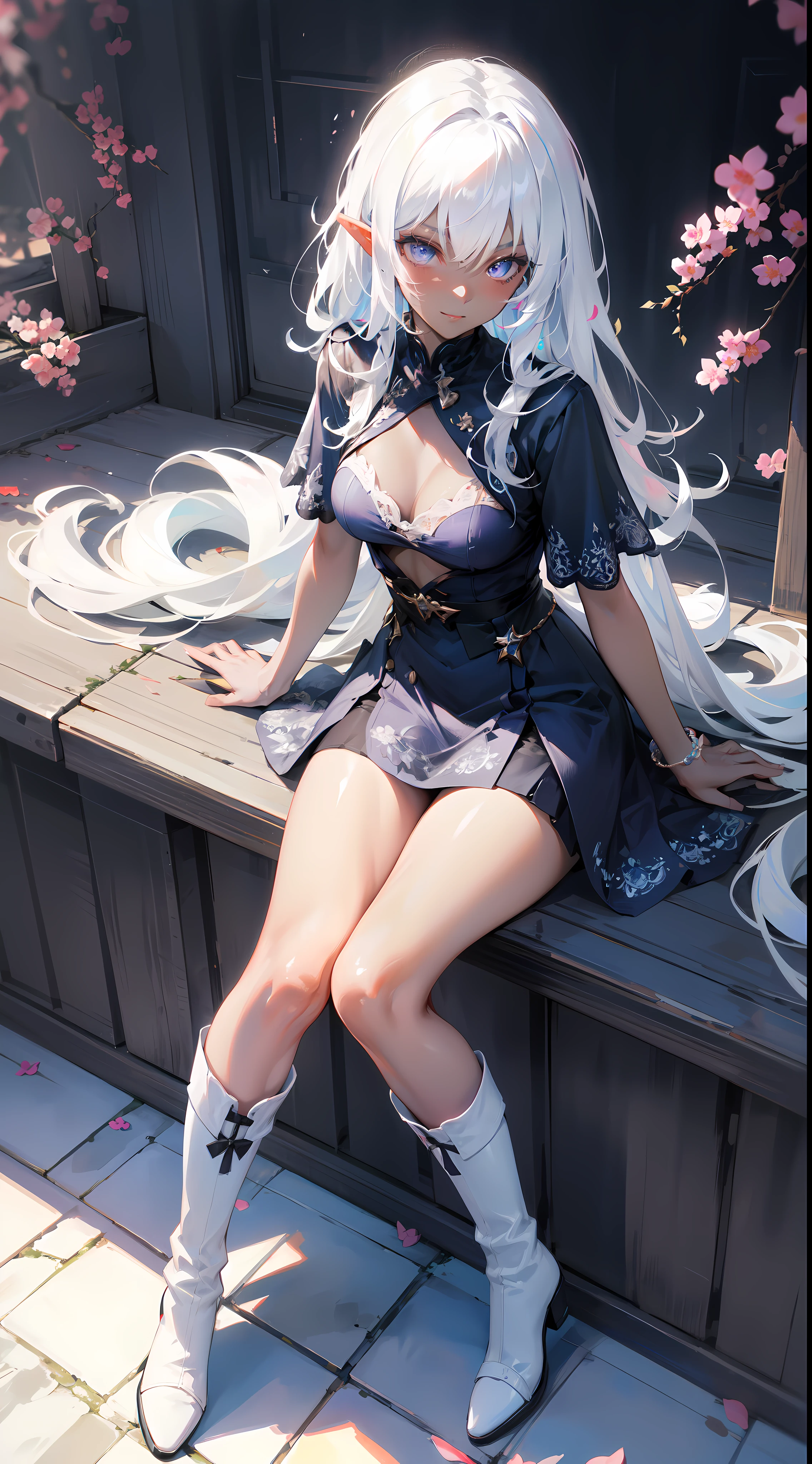 ((masterpiece, best quality)), official art, 8k wallpaper, ultra detailed,  mature dark elf girl, ((dark blue and white dress)), girl in a buble, sitting, flowers, expressionless, ((White boots)), glass texture, light transmission, spectral light, gradient translucent glass melt, caustic, transparent glass texture, high detail luminescence, (prismatic patterns on hair and clothes:1.3), ((glowing petals encircle and intertwine around her)), watercolor, watercolor style, splatter, vibrant color, art by Artgerm, by Kawacy, by Yoshitaka Amano, BREAK, highly detailed of (dark elf), (1girl), solo, perfect face, details eye, Blunt bangs, (hair between eye), white hair, violet eyes, BREAK, eyelashes, eyeshadow, pink eyeshadow, (dark skin:1.2), glaring, smile, medium breast, BREAK, extremely detailed, Dutch angle,
