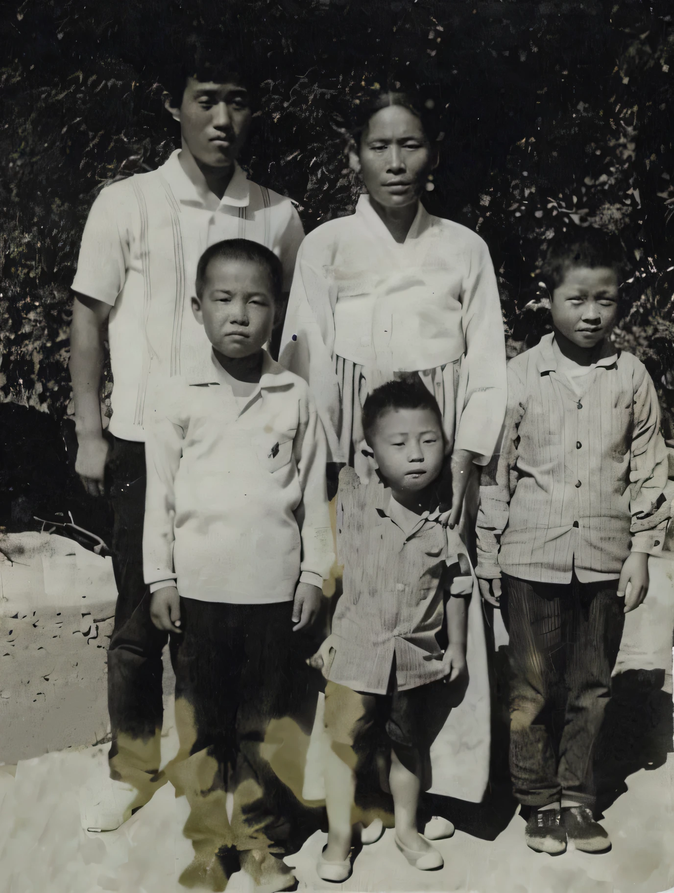 Noise reduction, background repair, scratch repair, stain repair, high quality, happy expression, old photo restoration, Chinese yellow race