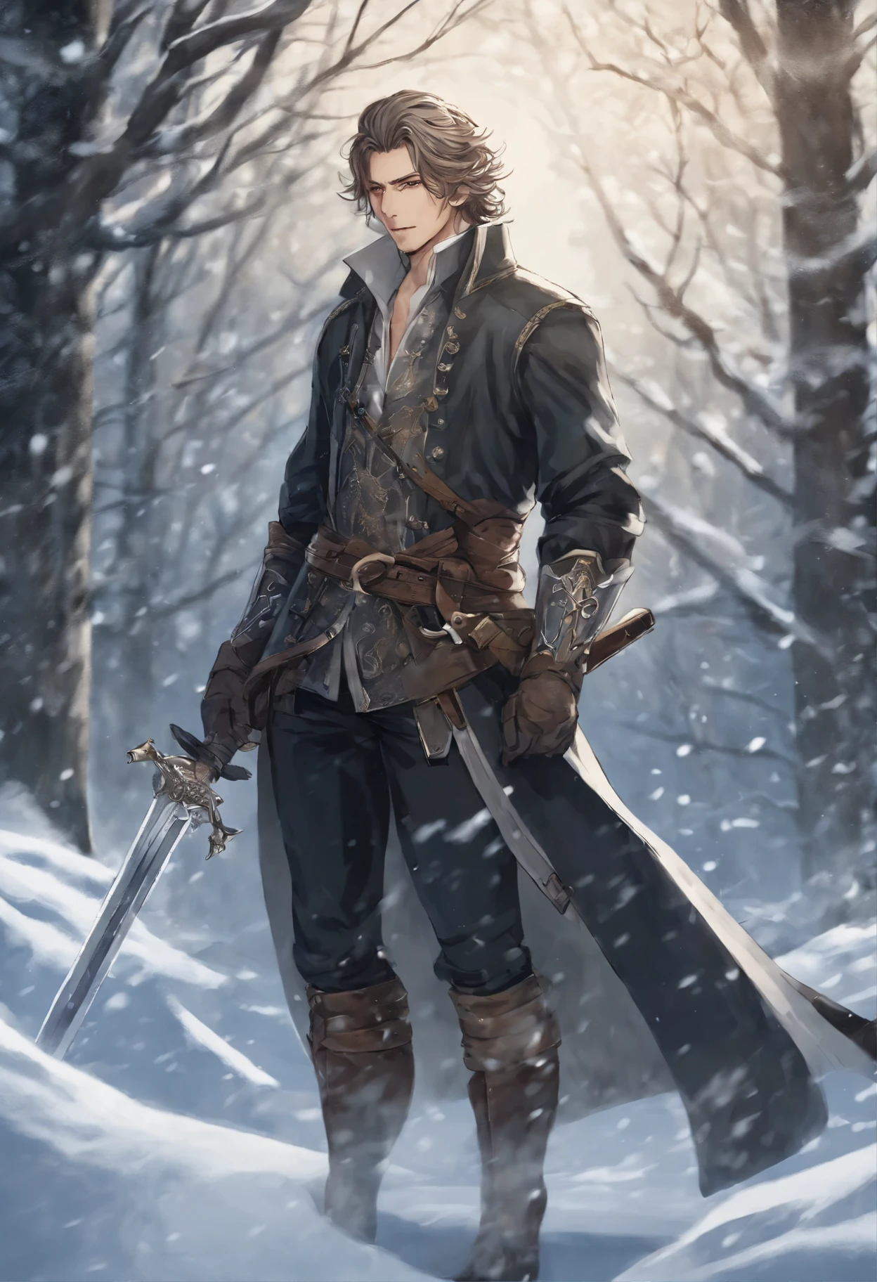 anatomically correctly drawn body, ,Close-up of a person, holding a sword in a snowy area, casimir art, shigenori soejima illustration, boris valejo. octopath traveler, detailed anime character art, detailed key anime art, Granblue Fantasy, handsome guy in demon slayer art, Taisho Roman, crisp clear rpg portrait, Masamune Shiro, key anime art