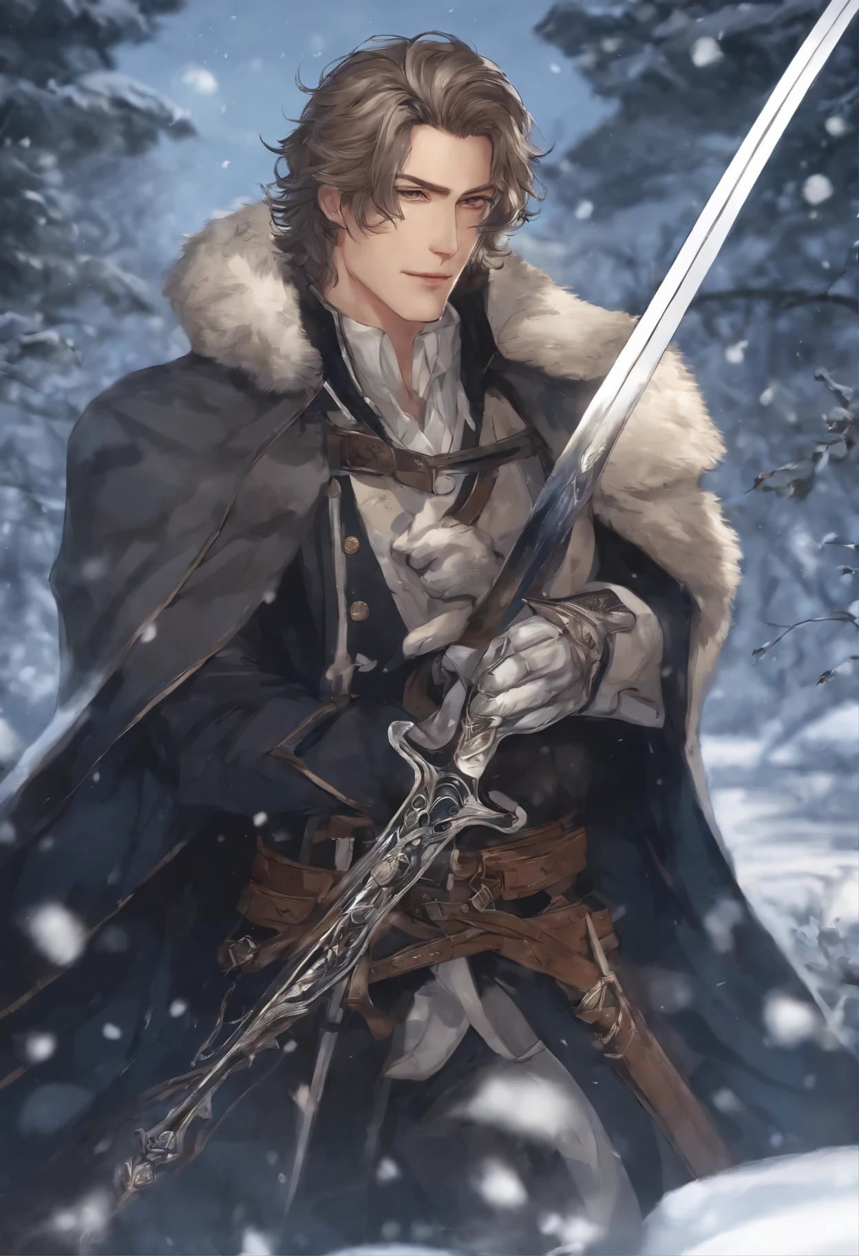 anatomically correctly drawn body,  ,Close-up of a person, holding a sword in a snowy area, casimir art, shigenori soejima illustration, boris valejo. octopath traveler, detailed anime character art, detailed key anime art, Granblue Fantasy, handsome guy in demon slayer art, Taisho Roman, crisp clear rpg portrait, Masamune Shiro, key anime art