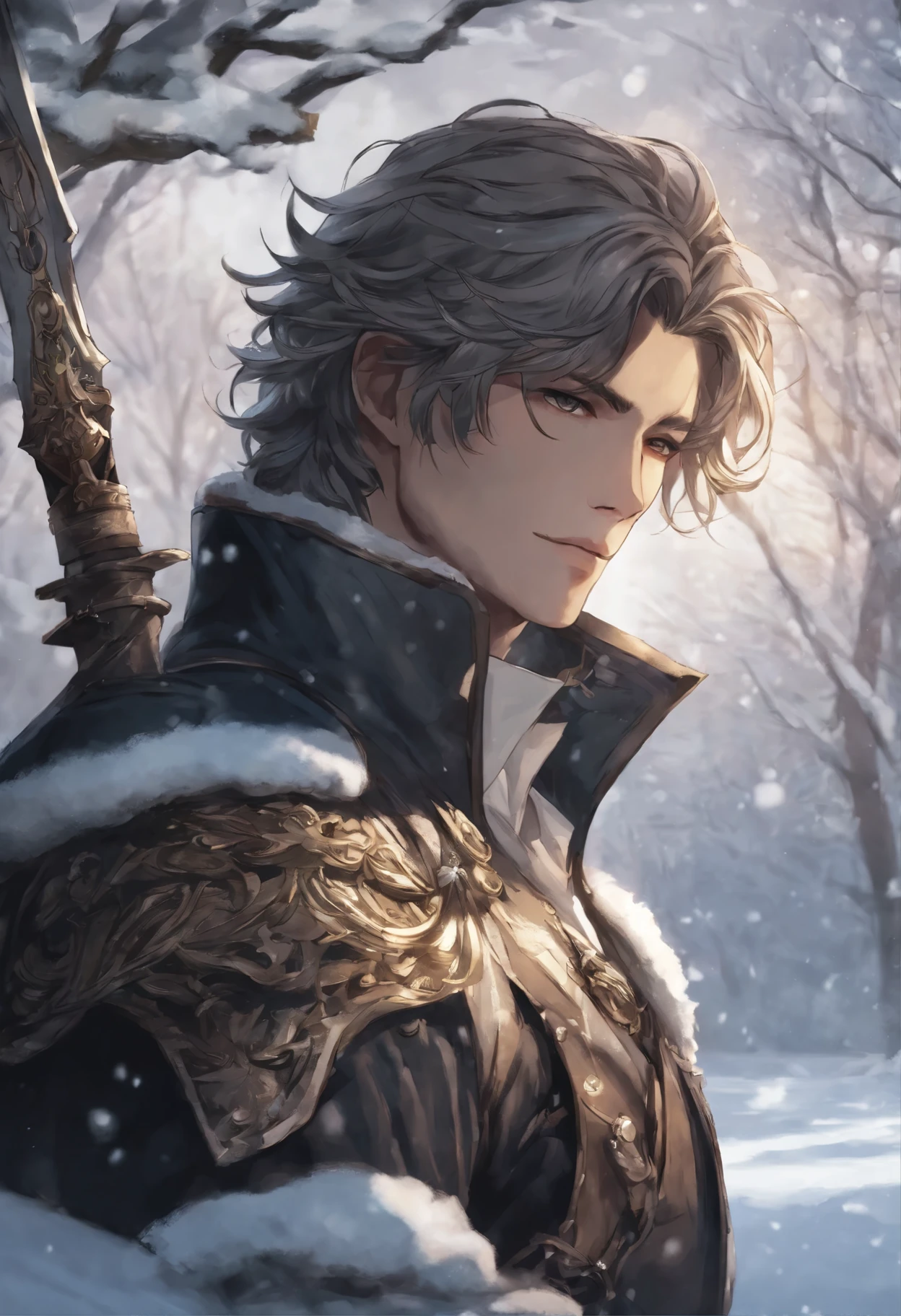 anatomically correctly drawn body, ,Close-up of a person, holding a sword in a snowy area, casimir art, shigenori soejima illustration, boris valejo. octopath traveler, detailed anime character art, detailed key anime art, Granblue Fantasy, handsome guy in demon slayer art, Taisho Roman, crisp clear rpg portrait, Masamune Shiro, key anime art