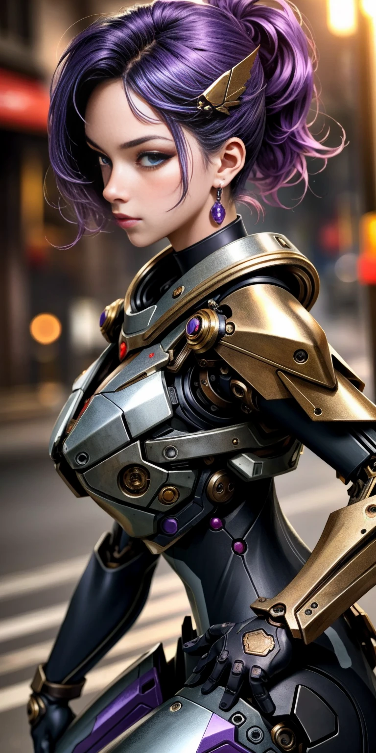 cute woman portrait photo, Perfect eyes, Worn mechanical exosuit, (Light bokeh)), with an intricate, (purple painted steel metal [Rusegant, Sharp Focus, Soft lighting, Vivid colors, masutepiece, (((Street)), Detailed face, beetle motif