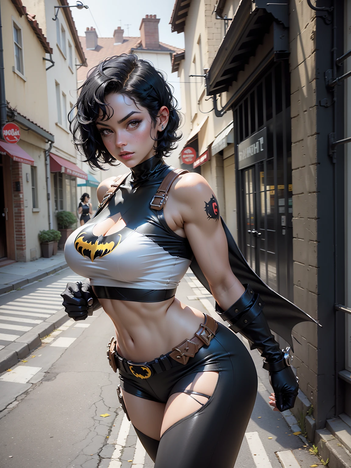 Beautiful woman short black hair defined body big breasts, wearing batgirl, walking on the street