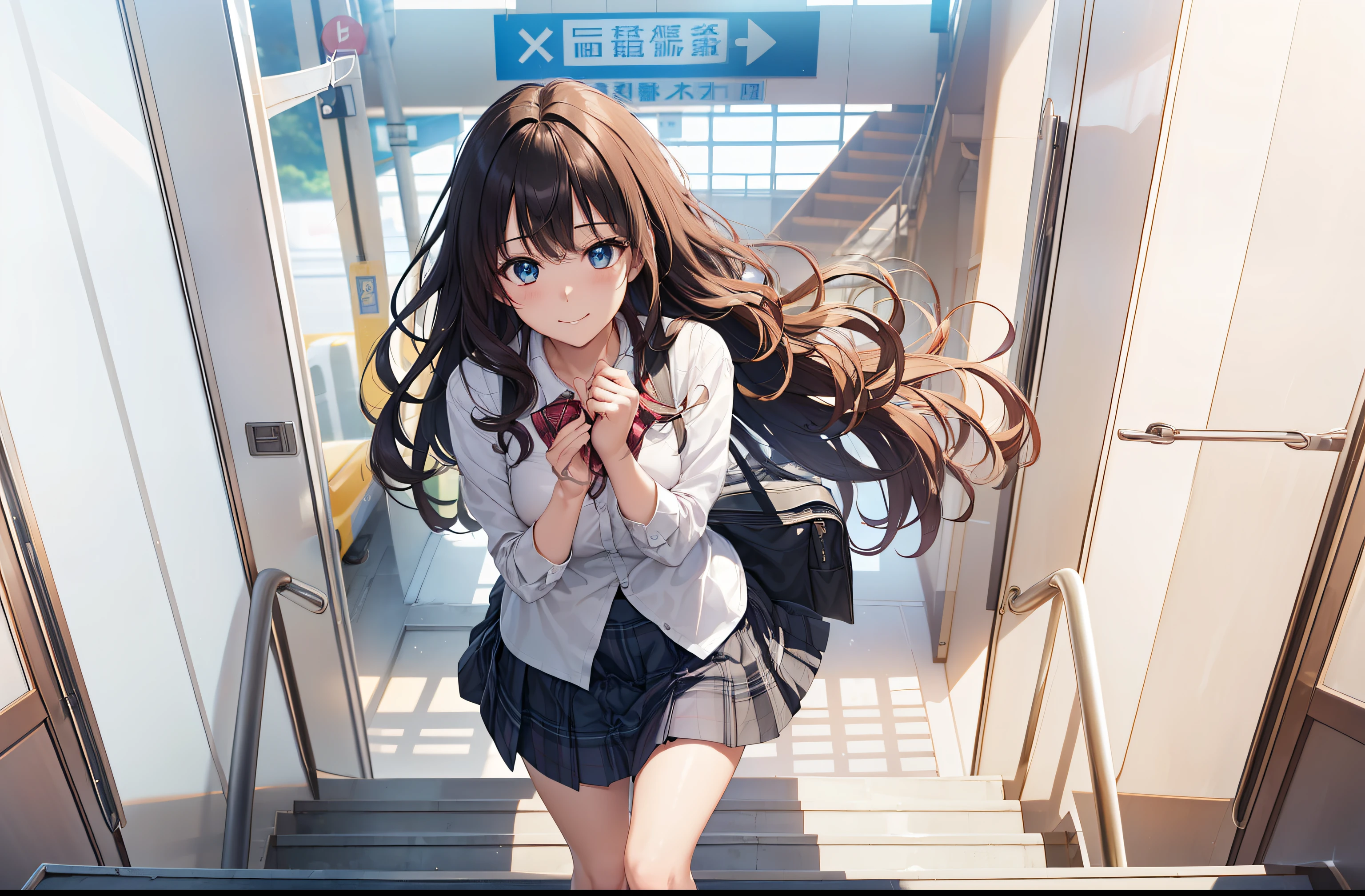 ((Best quality, A high resolution, Perfect pixels,4K))), 1 girl in, Single, Alone, Beutiful women、full body seen、 ((mid wavy hair, author:banglue color eyes, Beautiful eyelashes, realistically的眼睛)), ((Detailed faces, The face is red:1.2)), ((Smooth texture:0.75, realistically的质感:0.65, realistically:1.1, Anime CG style)), middling, dynamic angle, perfect body figure, ((校服, , white shirt, Black dress, plaid skirts))、Train station stairs、Windy、Very embarrassing panic smile、Turn around,