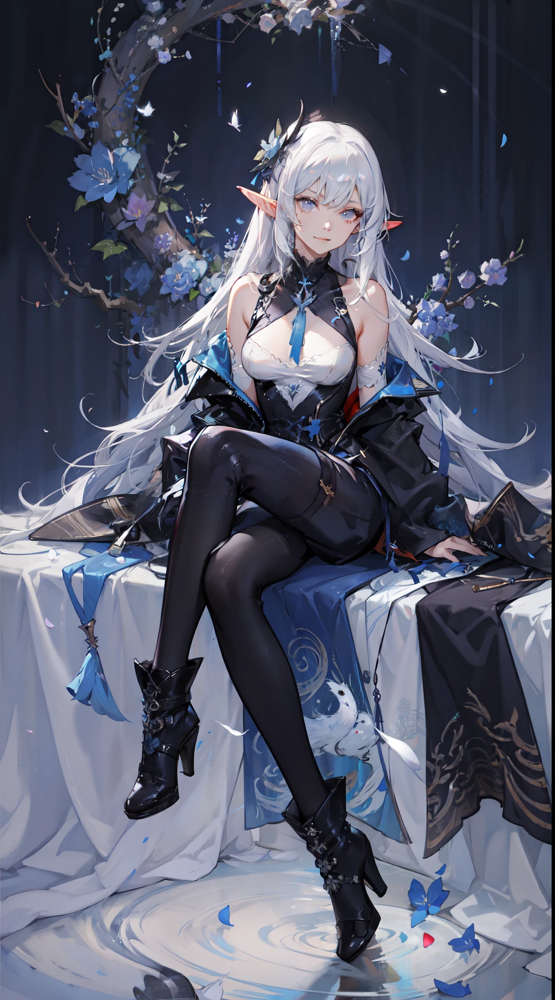 ((masterpiece, best quality)), official art, 8k wallpaper, ultra detailed, mature dark elf girl, ((dark blue and white dress)), girl in a buble, sitting, flowers, expressionless, ((White boots)), glass texture, light transmission, spectral light, gradient translucent glass melt, caustic, transparent glass texture, high detail luminescence, (prismatic patterns on hair and clothes:1.3), ((glowing petals encircle and intertwine around her)), watercolor, watercolor style, splatter, vibrant color, art by Artgerm, by Kawacy, by Yoshitaka Amano, BREAK, highly detailed of (dark elf), (1girl), solo, perfect face, details eye, Blunt bangs, (hair between eye), white hair, violet eyes, BREAK, eyelashes, eyeshadow, pink eyeshadow, (dark skin:1.2), glaring, smile, medium breast, BREAK, extremely detailed, Dutch angle,