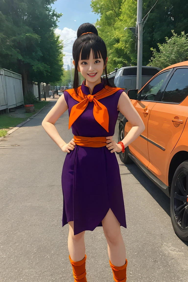 masterpiece, best quality, highres, dragon ball, bbchichi, single hair bun, hair bun, blunt bangs, sidelocks, black eyes,  earrings, orange neckerchief, orange scarf, purple dress, sleeveless, bracelet, grin, hand on hip, smile, outdoors, street,