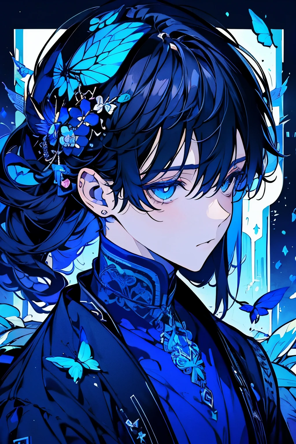 (masutepiece), (Best Quality), Highly detailed, 1 boy, Solo Focus，Perfect face, Beautiful face, extra detailed face，(A dark-haired:1.3)，(blue eyess:1.3)，Fantasia，a gorgeous，Pedras preciosas，suits，cloaks，butterflys々，optic