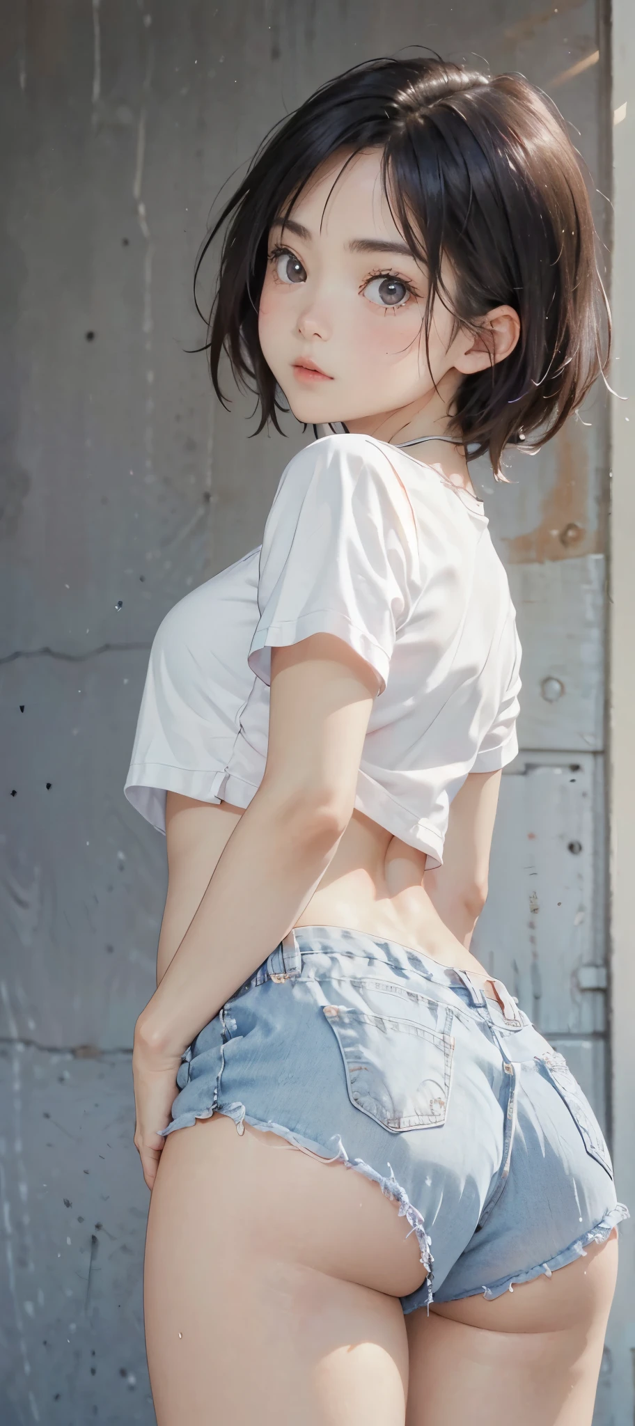 Adorable Girl . Very Kawaii , Round Face . Solo , Slim , Medium Breasts , Short Stature . Glossy Skin . Plain White T-shirt . Shorts . Dynamic Angle . No Background , White Background , looking at viewer, darker shadows, (((absurdres))), (((looking back))), (((shapely butt)))