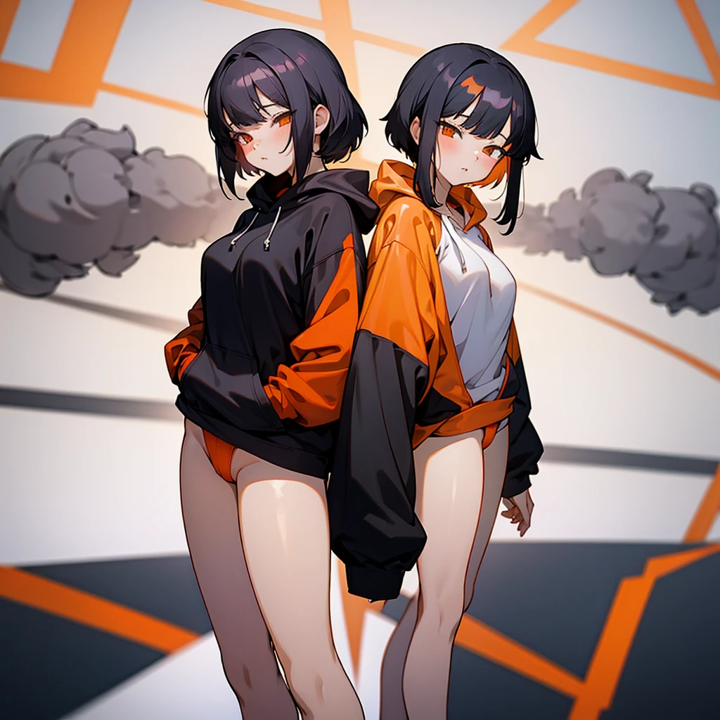 Anime style,Little woman,mesugaki,Wearing a black hoodie,Black shorthair,Orange eyes,small tits,Looking here,Bare legged、two womens,lilie