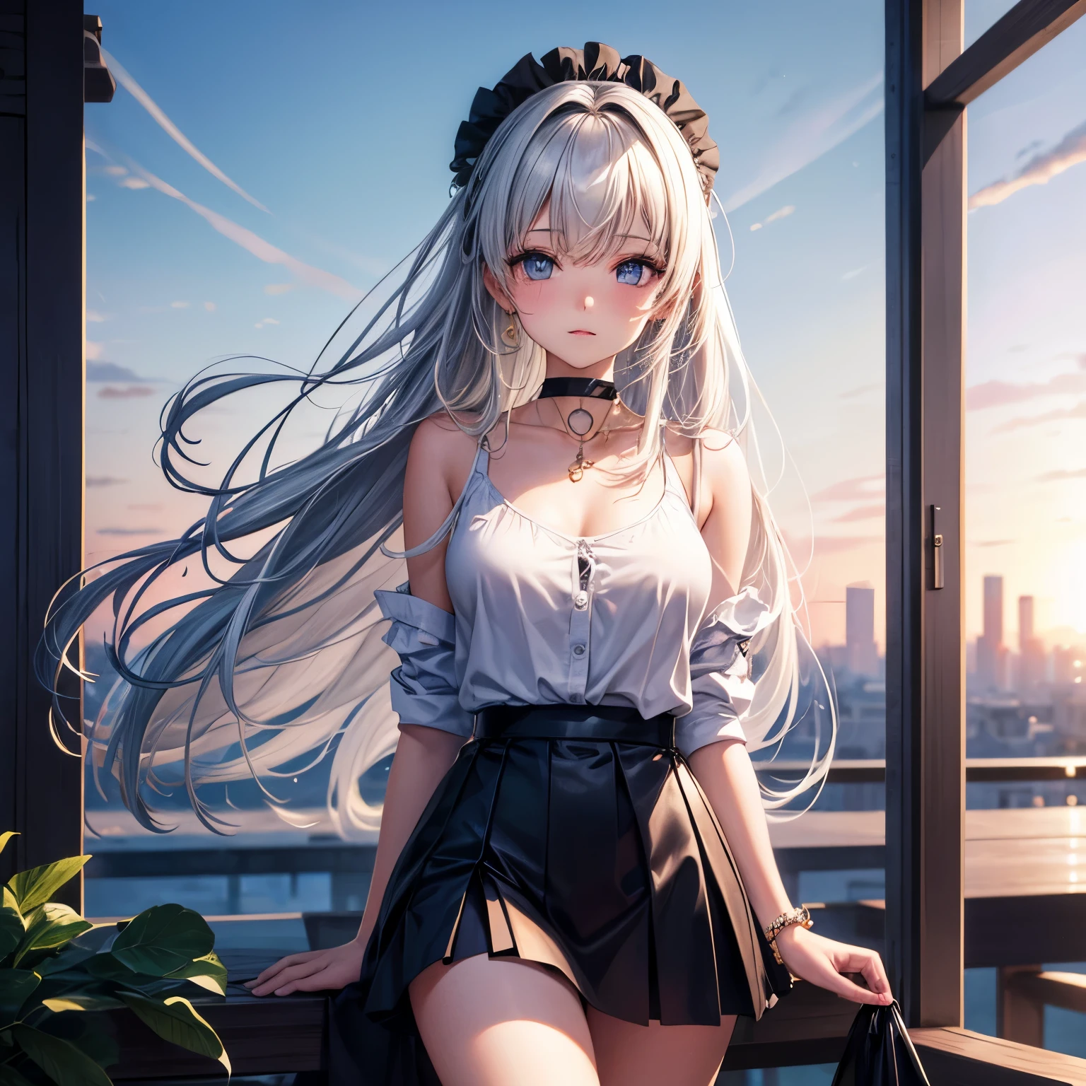 1 girl, Best quality at best, tmasterpiece, A high resolution, [The purple|Tiaozi|Green] _the hair, blackminiskirt, the hair accessory, choker necklace, jewely, pretty  face, expecting, full-body view, actual, En plein air, modern day, Two-tone lighting, (highdetailskin: 1.2), 8K UHD, SLR camera, softlighting, high qulity, volumettic light, Frankness, photore, A high resolution, 4K, 8K, The background is blurred out