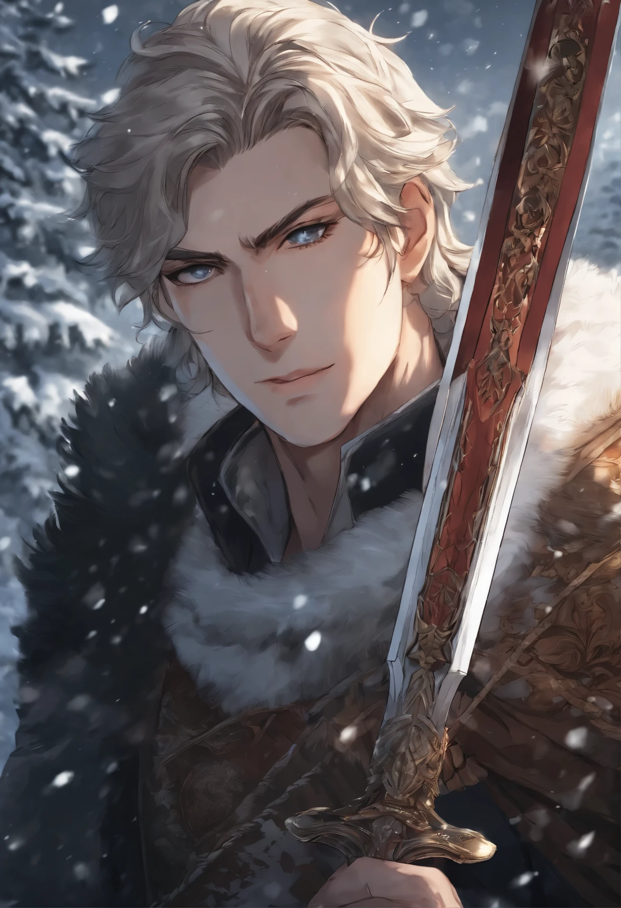 Close-up of a person, holding a sword in a snowy area, casimir art, shigenori soejima illustration, boris valejo. octopath traveler, detailed anime character art, detailed key anime art, Granblue Fantasy, handsome guy in demon slayer art, Taisho Roman, crisp clear rpg portrait, Masamune Shiro, key anime art