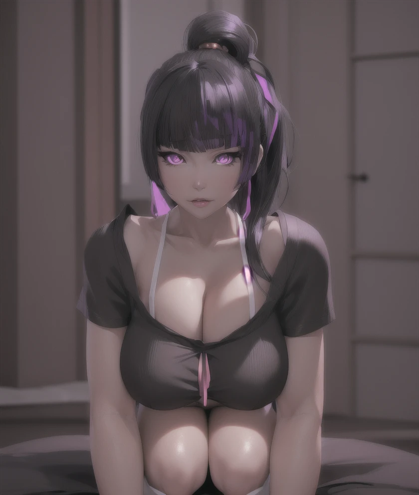 Nyotengu with black dress and black hair, bright and light purple eye irises, beautiful purple eyes, Tekken style character, photorealistic anime girl rendering, 3d anime girl, 3d realistic anime, Realistic 3D anime style, 3d anime style, seductive anime girl, soft anime cg art, seductive beautiful anime woman, render of a cute 3d anime girl, Christmas tree in the background and Christmas decorations in the setting