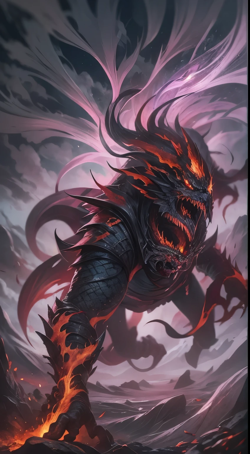 (Scale Messenger from Hell:1.4),Look at me condescendingly,defiance,Abominable,The whole body is wrapped in red flames,The long hairs of the flame fluttered in the wind,(Super huge, Claws are thick and sharp),(The whole body is covered with black scales:1.5),The scales are covered with thick barbs,The scales are super thick and scary,Reflective Scales Bloodthirsty Demon,(Two claws fighting:1.4),Lightning streaked across the sky,Underfoot is a thick sea of clouds and blood),((Blood dripped from between the paws)),(stereoscopic perspective:1.4),artwork of a,ultra - detailed,4K分辨率,high high quality,电影灯光,High picture detail,Detailed pubic hair,epic shooting