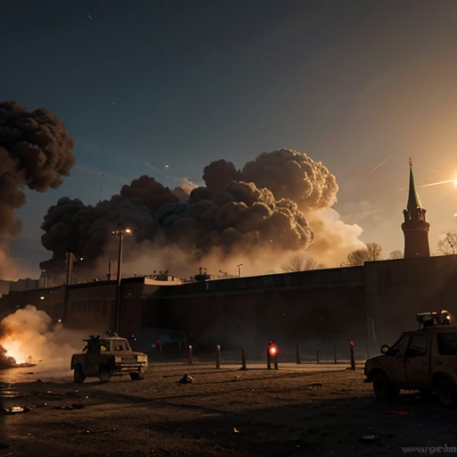 Ruins of Kremlin in war, Moscow ruins, smoke, post apocalyptic, fire, realistic, 8k, detailed, cinematic, battlefield, smoke, city battle, soldiers, tanks, explosions