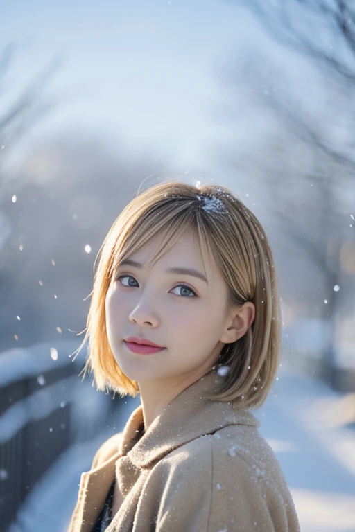 1 female、brue eyes、a short bob、a blond、Beautiful hair color、It's snowing、Well-formed eyebrows、short-hair、
Winter scene、depth of fields、High quality、Looking at the sky、Not looking here、A little lightly dressed