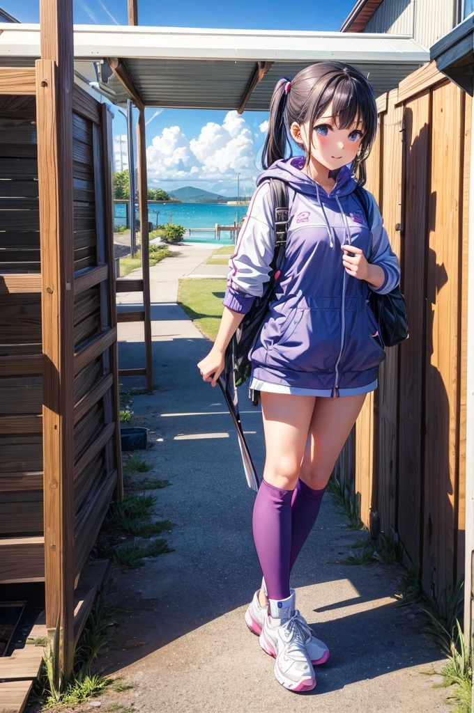 kawaii　femele　purple fishingwear　sit on a cooler box