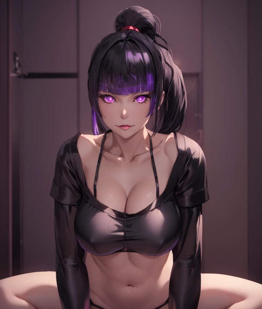 Nyotengu with black dress and black hair, bright and light purple eye irises, beautiful purple eyes, Tekken style character, photorealistic anime girl rendering, 3d anime girl, 3d realistic anime, Realistic 3D anime style, 3d anime style, seductive anime girl, soft anime cg art, seductive beautiful anime woman, render of a cute 3d anime girl, Christmas tree in the background and Christmas decorations in the setting