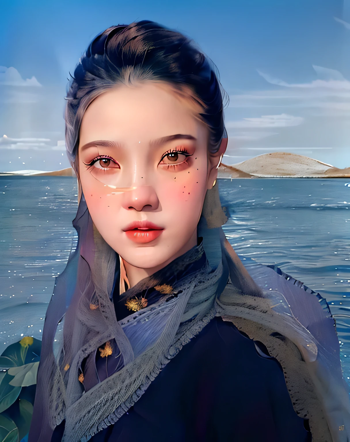(Surreal, A high resolution, Best quality at best:1.2), 詳細な目, 詳細な唇, Long eyelashes, Standing in front of a calm body of water,Asian woman with calm expression, The flowing black hair is swaying gently in the breeze, Wearing a traditional flowing dress made of silk, Delicate embroidery on edge, The dress hugged her slender figure, accentuating her curves, Bright colors and intricate patterns on skirts, Golden earrings dangled from her ears, Skin gets a natural glow, The sun shines on her face, Her eyes reflect the tranquility of the water, There are several lotus flowers blooming nearby, Vibrant pink petals contrast with tranquil blue waters, Subtle reflection of woman on water, Highlight her elegance and elegance, Distant mountains disappear into the horizon, Create a sense of depth and vastness, Soft, warm lighting creates a soft glow to the scene, Creates a peaceful and peaceful atmosphere, The air is filled with the scent of blooming flowers and a slightly salty breeze., Capture moments of tranquility and beauty.