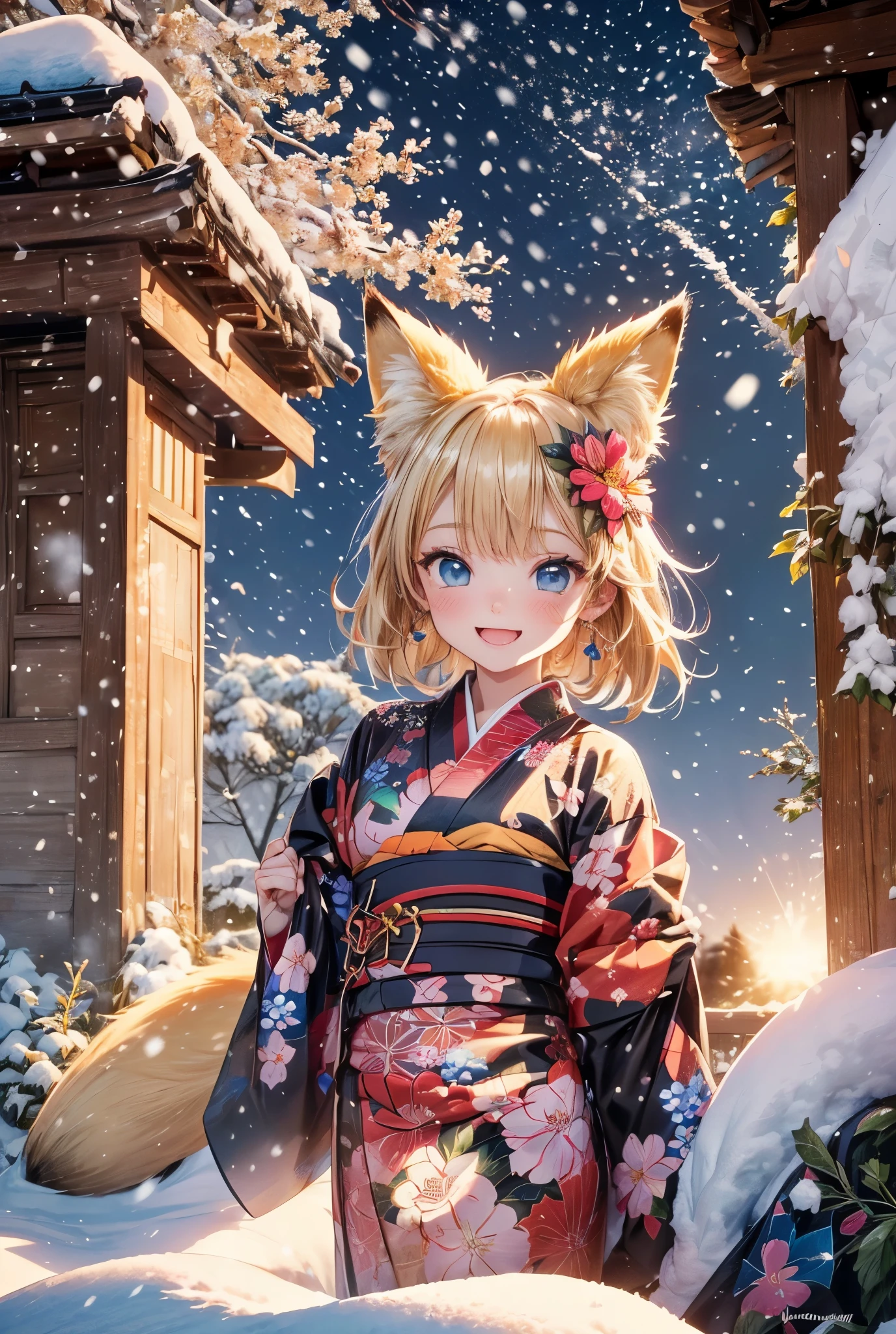 Melody Mark,of the highest quality, Best Masterpiece, ultra-detailliert,fox village, (1 fox girl),(It's snowing:1.3), (look up sky:1.3), (fox is playing:1.2), (Happy face: 1.3), red blush, (blonde short low tail: 1.4), Shiny hair, (Deep Blue Eyes:1.4), Small earrings, Small necklace,(Jet black and floral kimono:1.4),Sunlight,light reflections ,Kemomimi