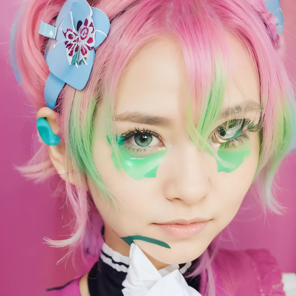 Mitsuri has pink and green hair, beautiful and cute face