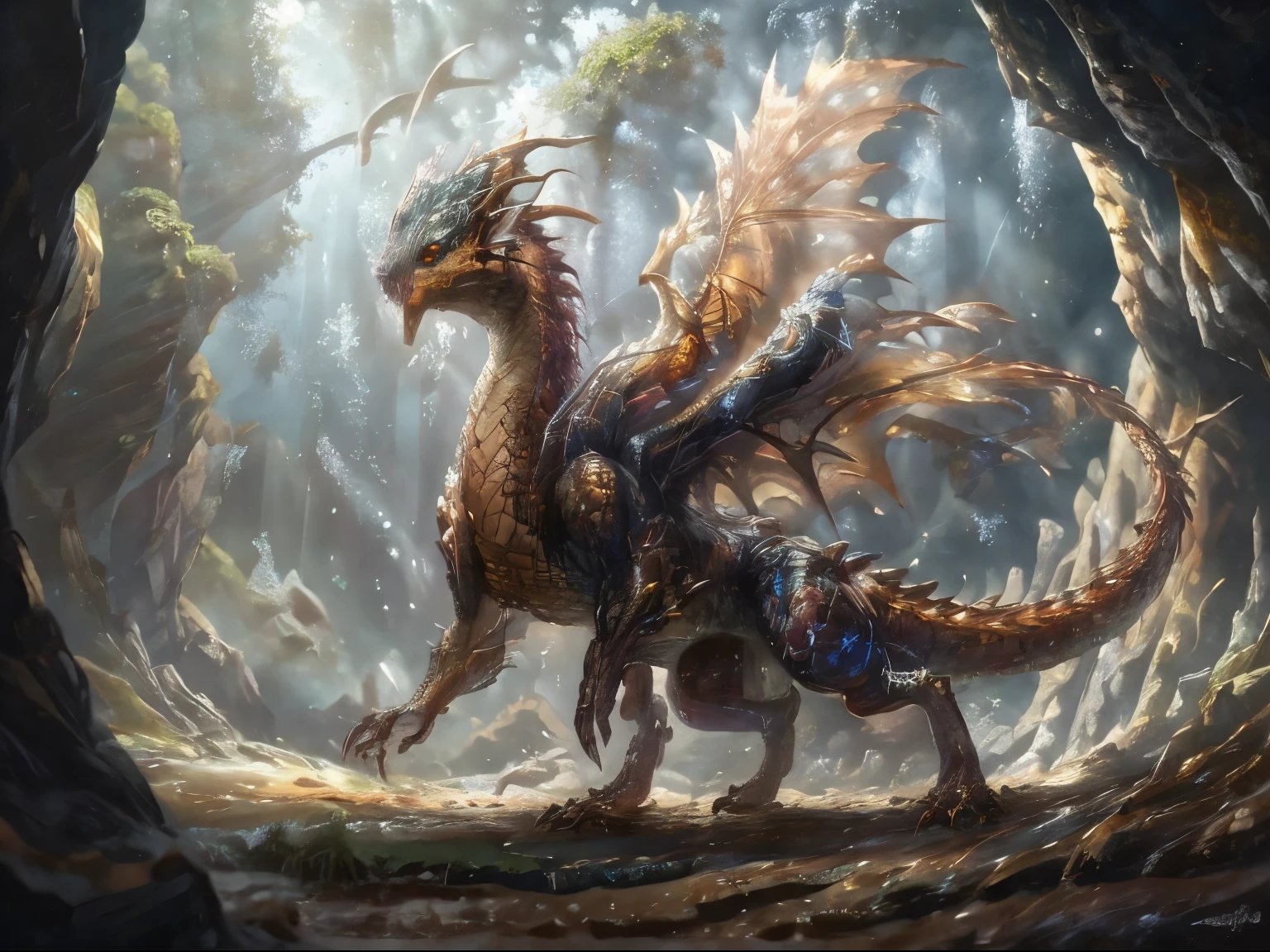 dragon with exaggerated proportions and dynamic poses. The giant should have a mythical appearance, with elements of nature incorporated into its design, such as moss-covered skin or tree-like features. The cave should be depicted as a mystical and ethereal environment, with glowing crystals and mysterious light sources. The art style should be inspired by the works of fantasy artists such as Luis Royo and Frank Frazetta, combining intricate details with bold brushstrokes. The image should be rendered in a digital illustration style, with vibrant colors and dramatic lighting. The camera shot can be a dynamic angle, such as a low angle shot looking up at the characters. The camera lens used can be a wide-angle lens, capturing the expansive nature of the cave and enhancing the sense of scale