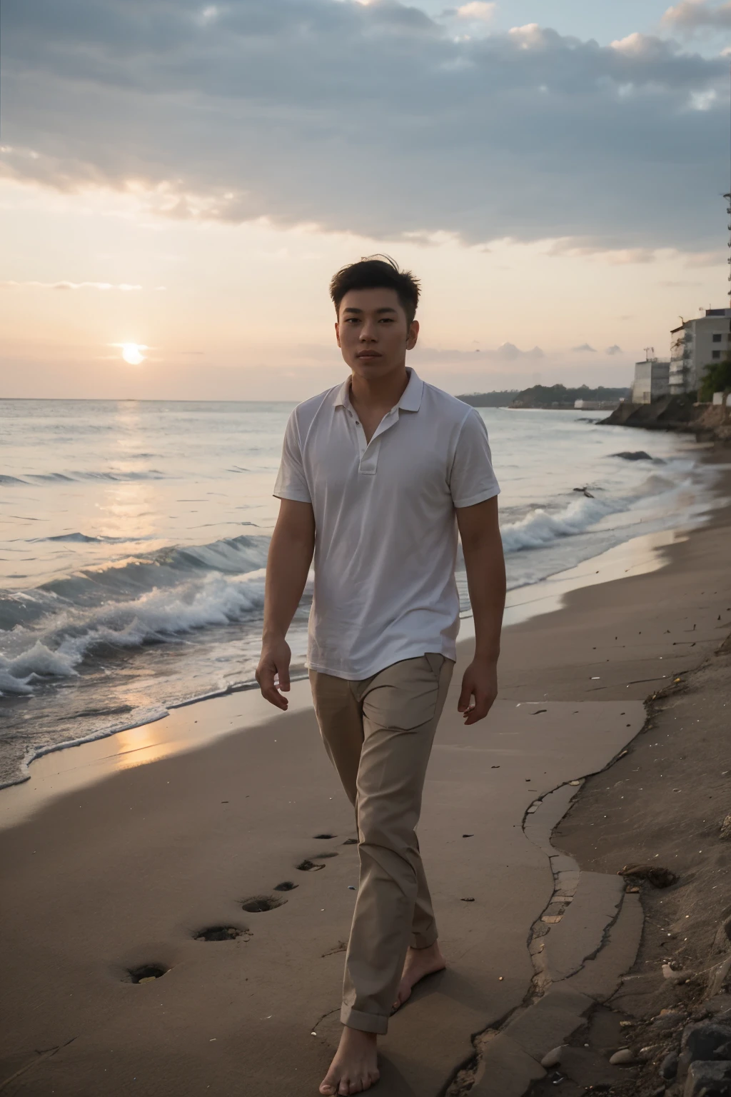 Handsome Asian young man walks along the seaside at sunset.